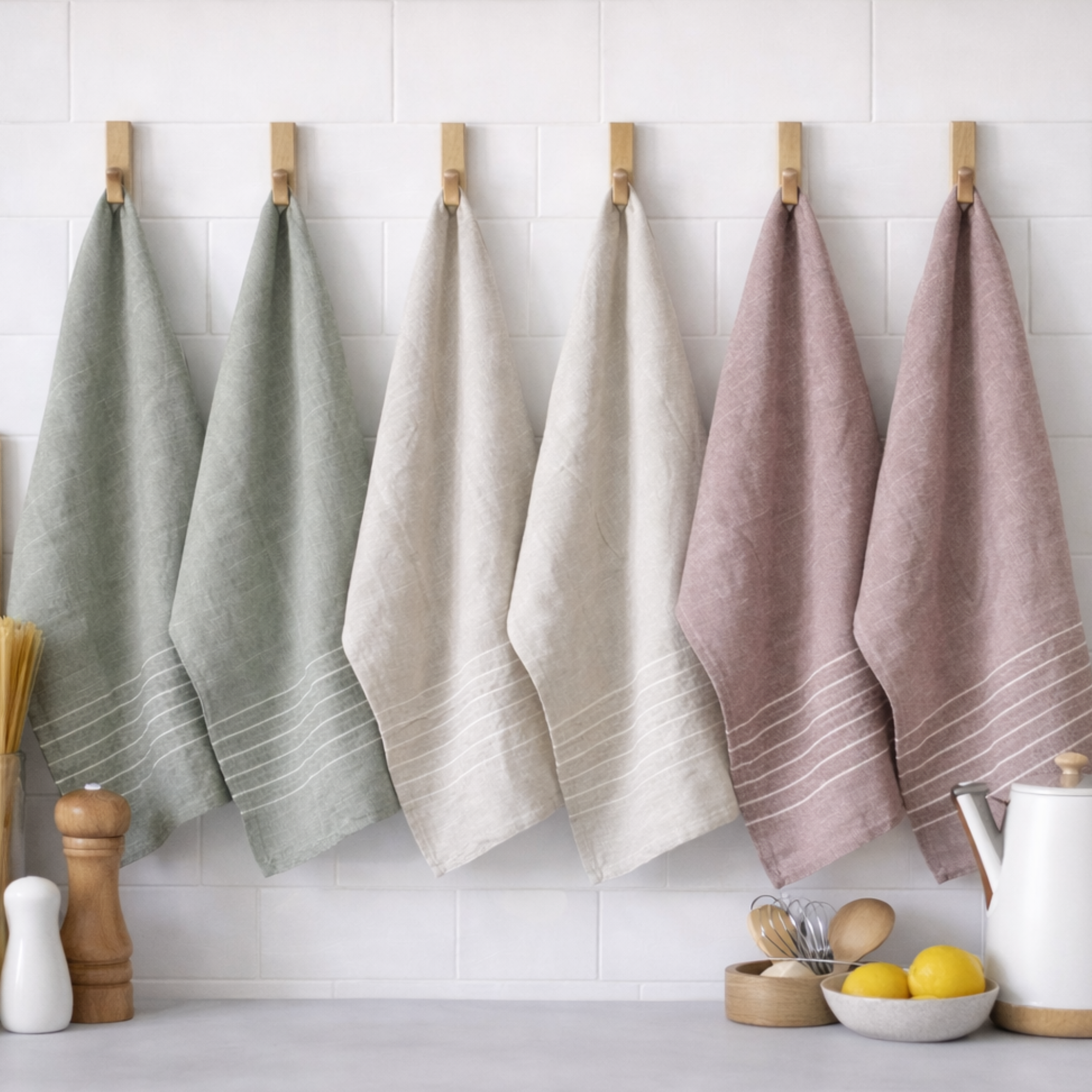 6-Piece Oversized Ribbed Slub Kitchen Towels - Beige, Olive, Rust