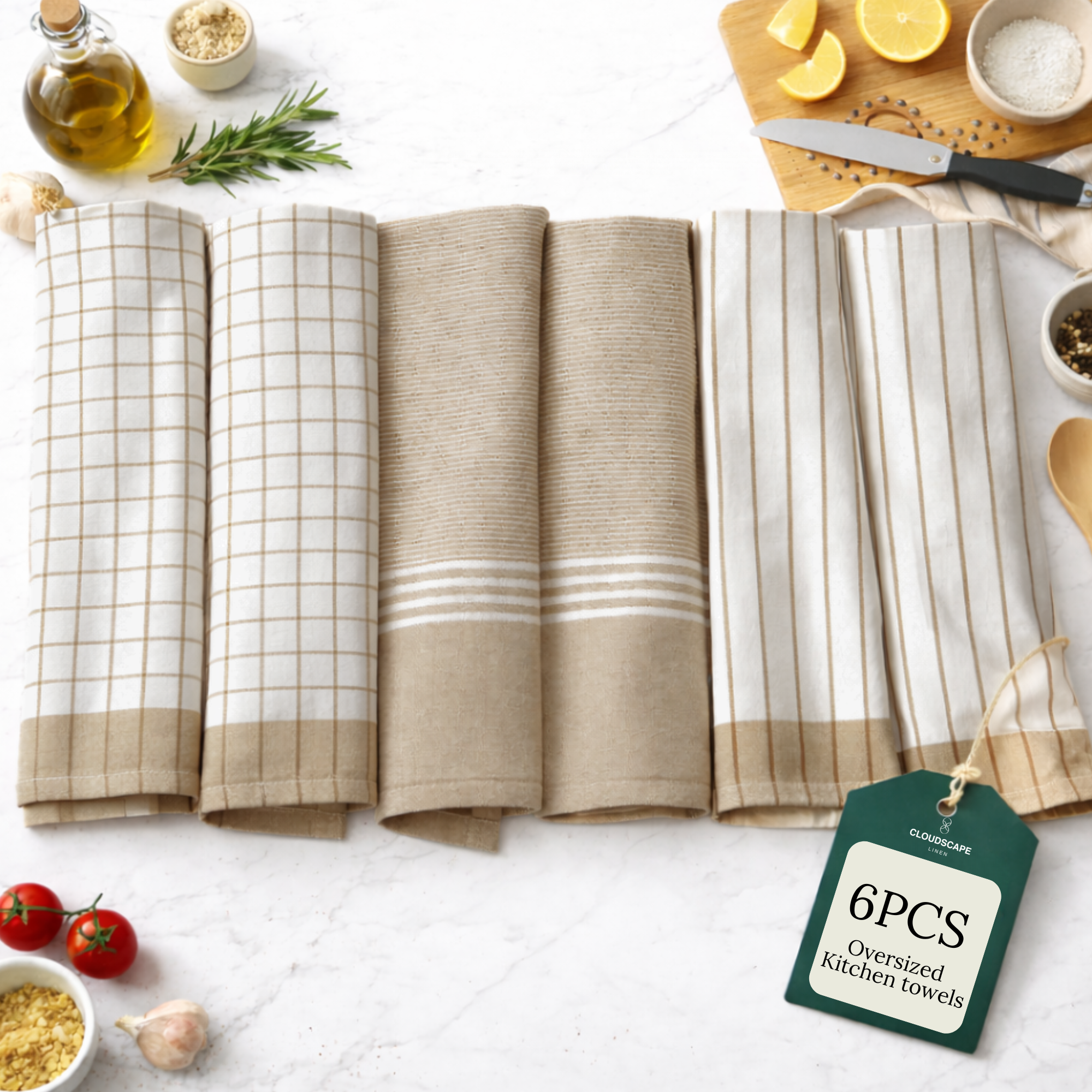 6-Piece Oversized Cotton Kitchen Towels - Beige