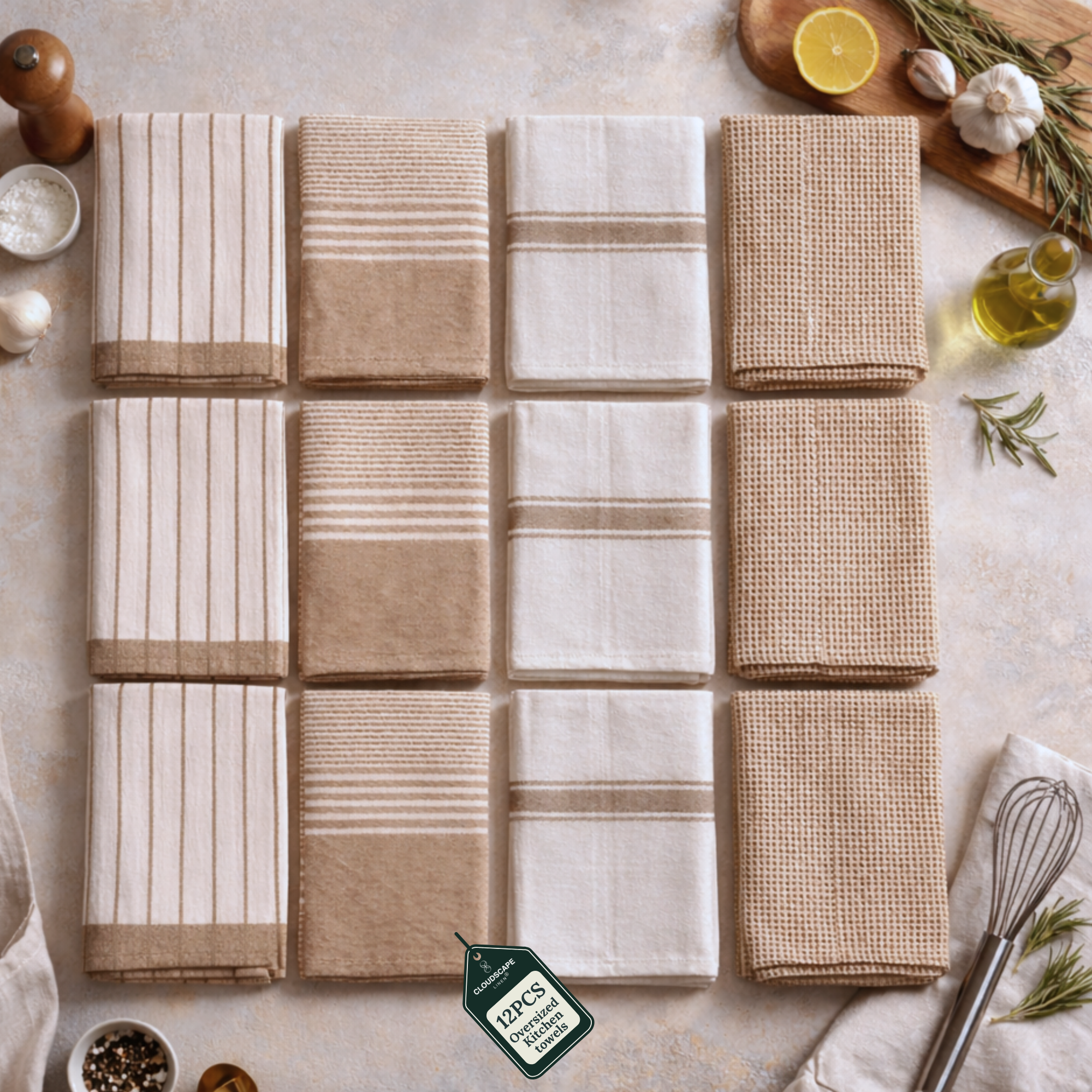 12-Piece Oversized Kitchen Towels: Beige