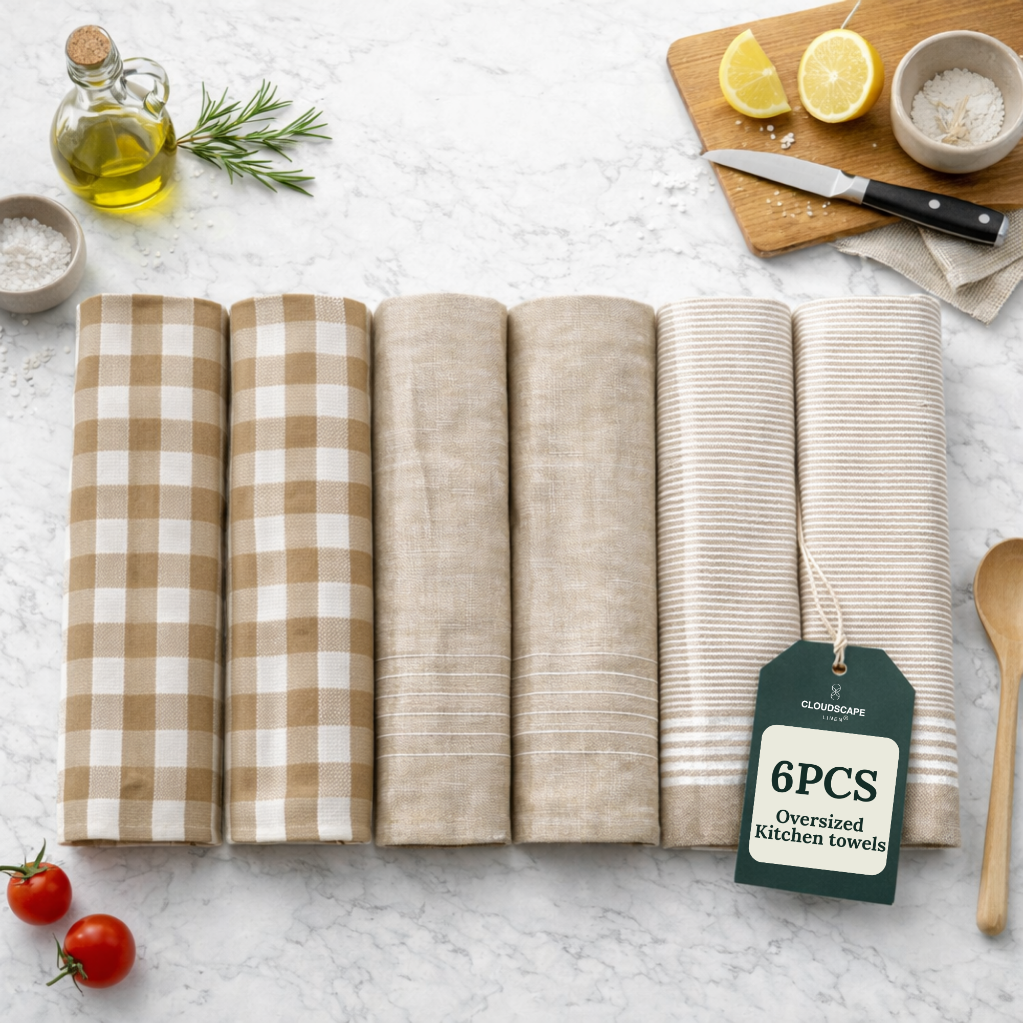 6-Piece Oversized Kitchen Towels: Beige
