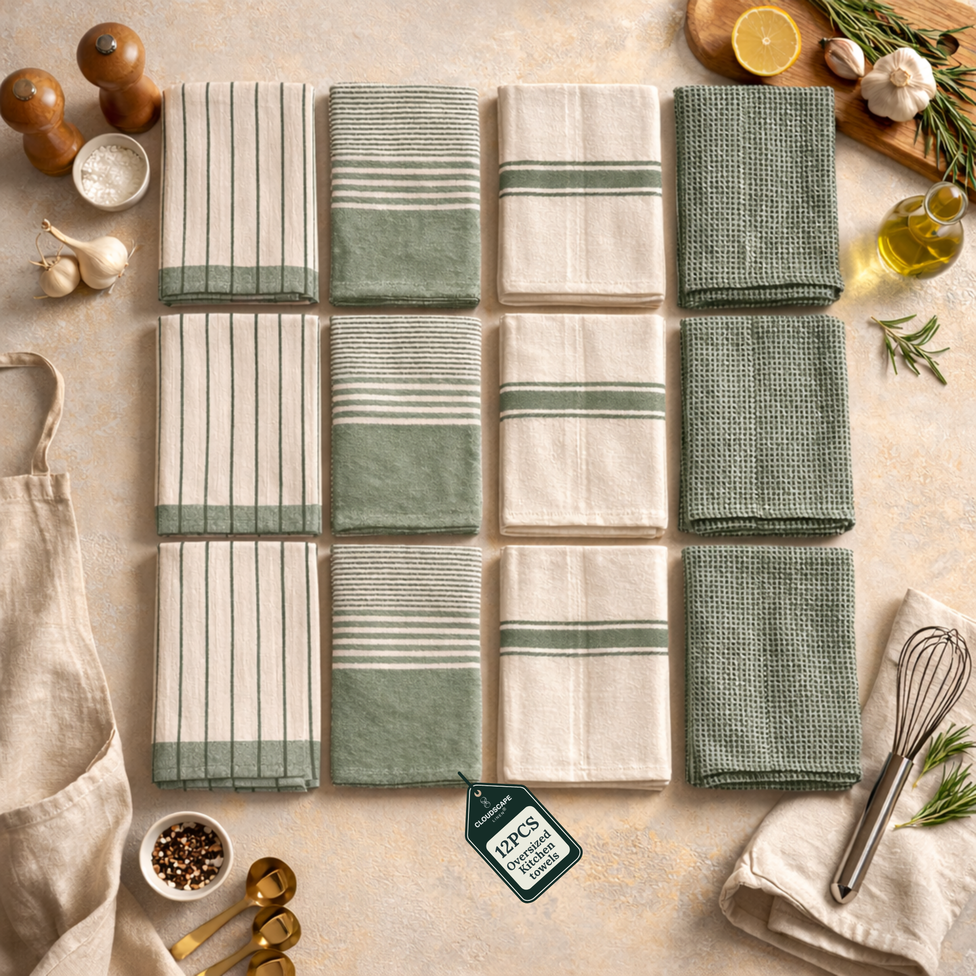 12-Piece Oversized Kitchen Towels: Olive