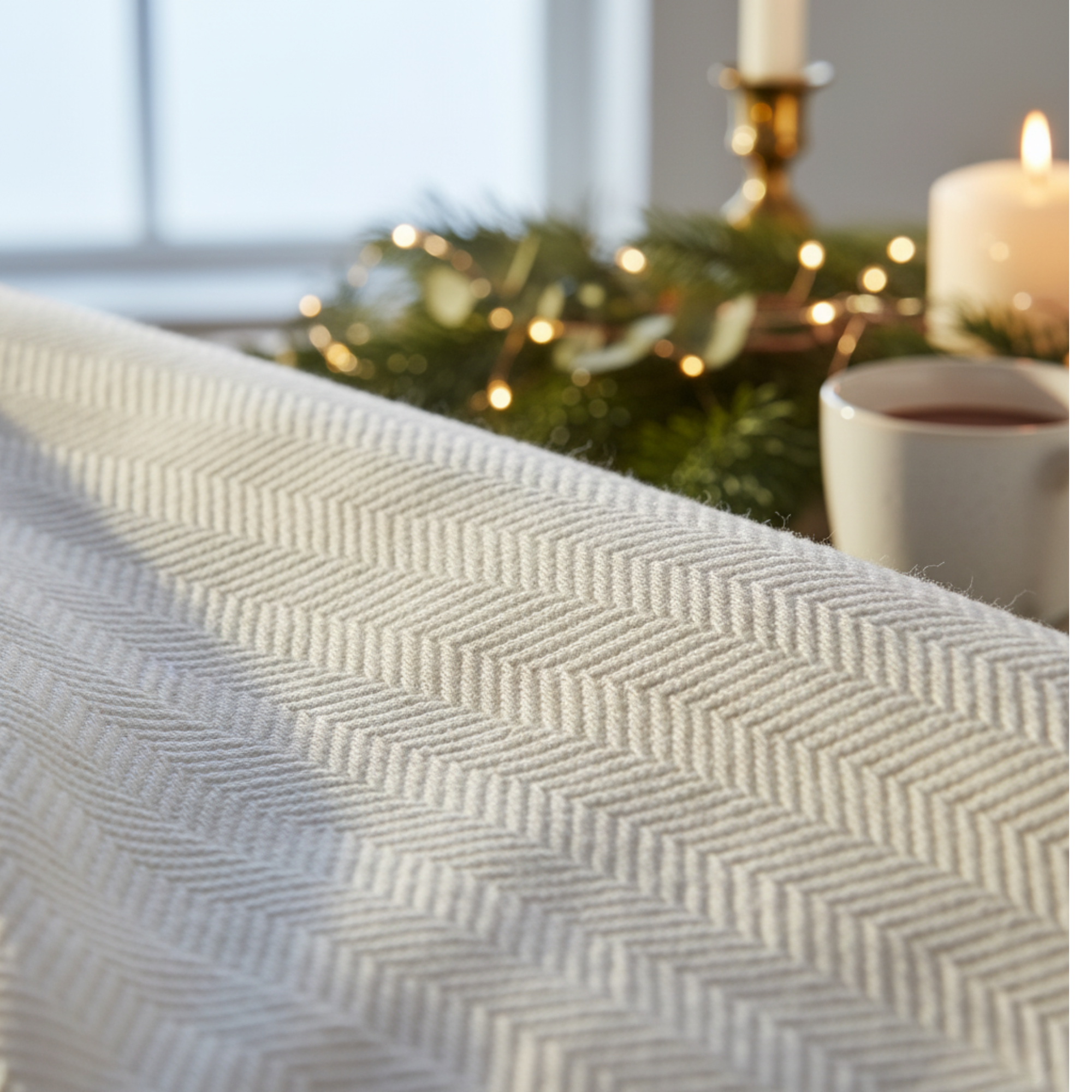 Cotton Herringbone Blanket: White