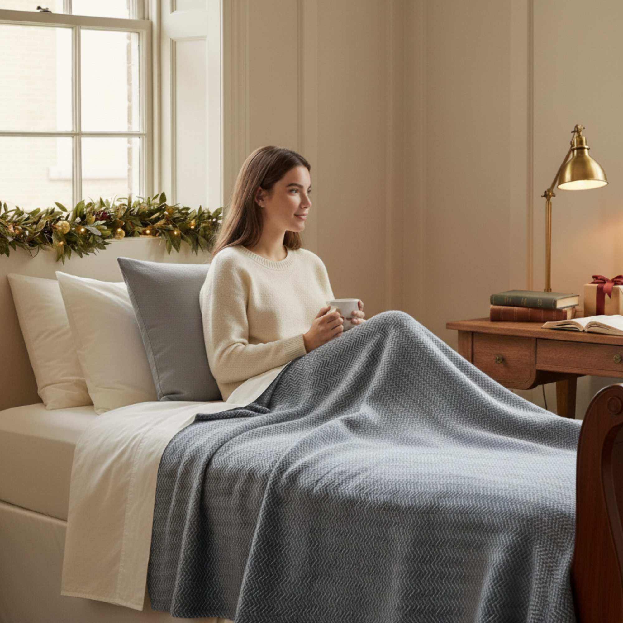 Cotton Herringbone Blanket: Light Grey