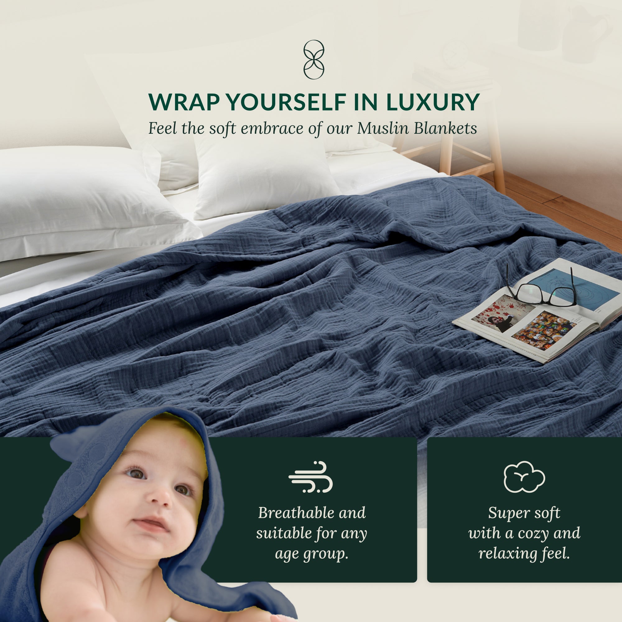 4 Layer Cotton Muslin Blanket: Ensign Blue