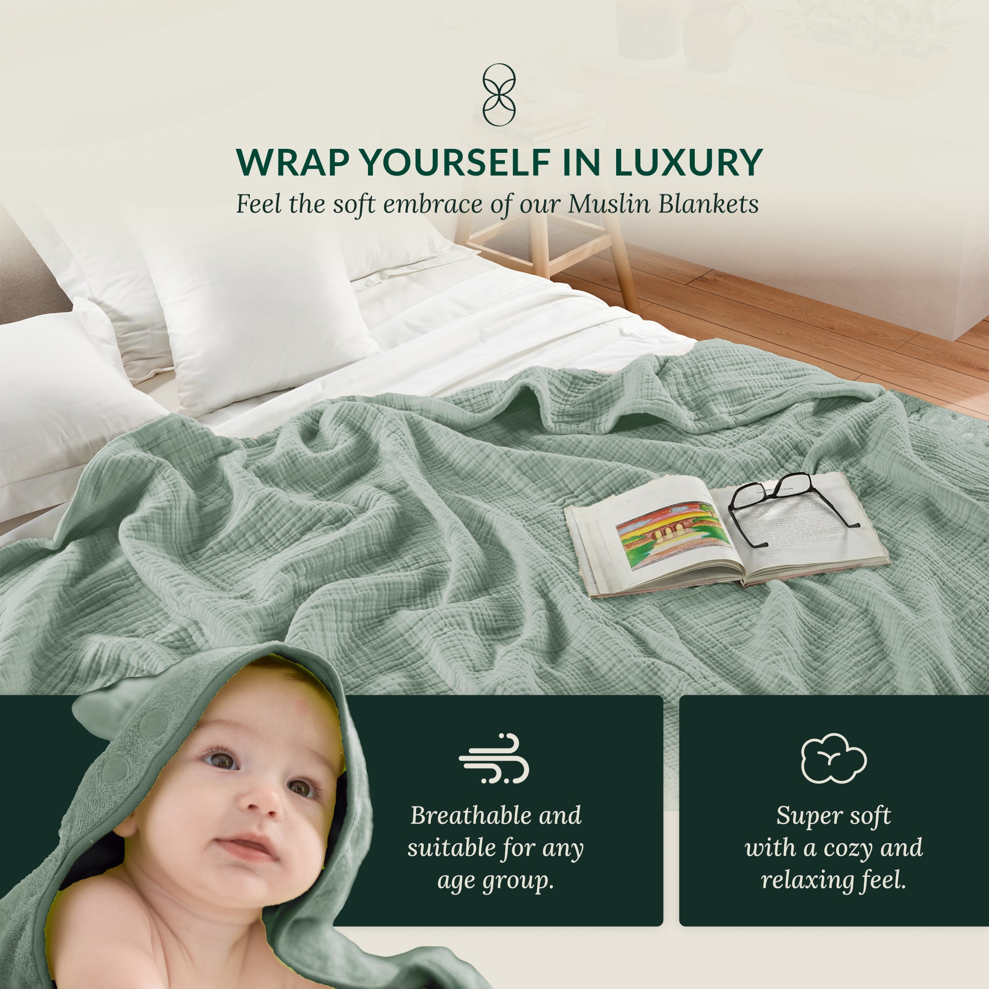 4 Layer Cotton Muslin Blanket - Olive Green