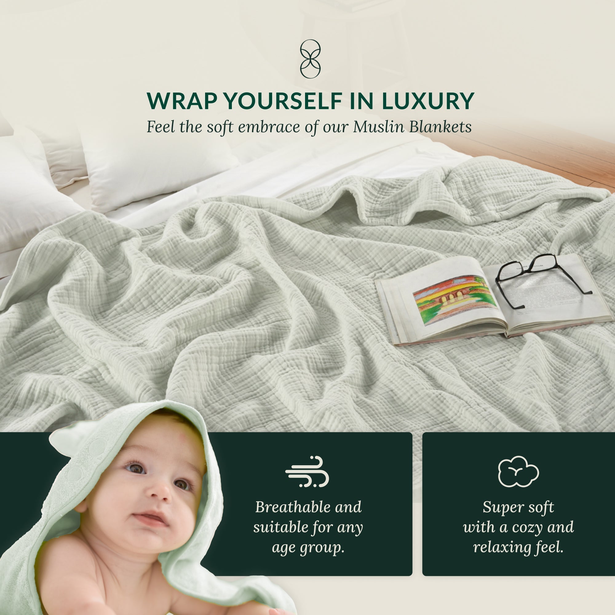 4 Layer Cotton Muslin Blanket - Sea Foam