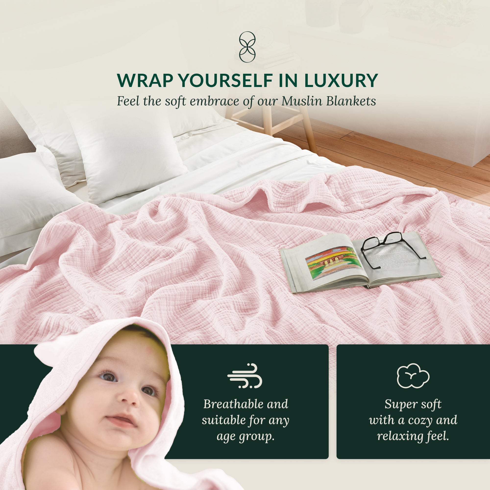 4 Layer Cotton Muslin Blanket : Seashell Pink