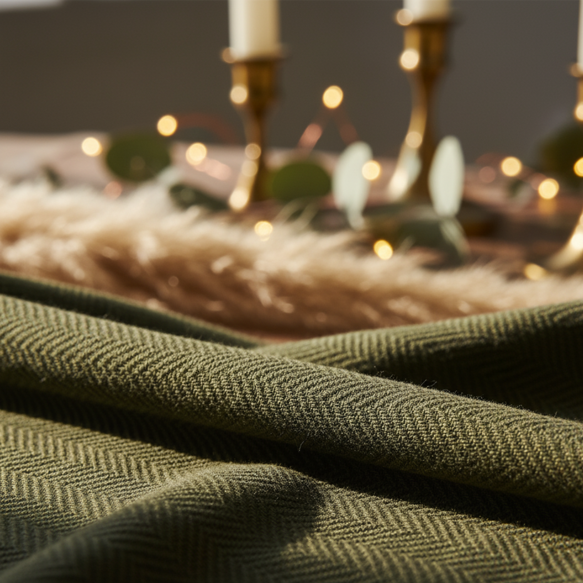 Cotton Herringbone Blanket: Olive Green