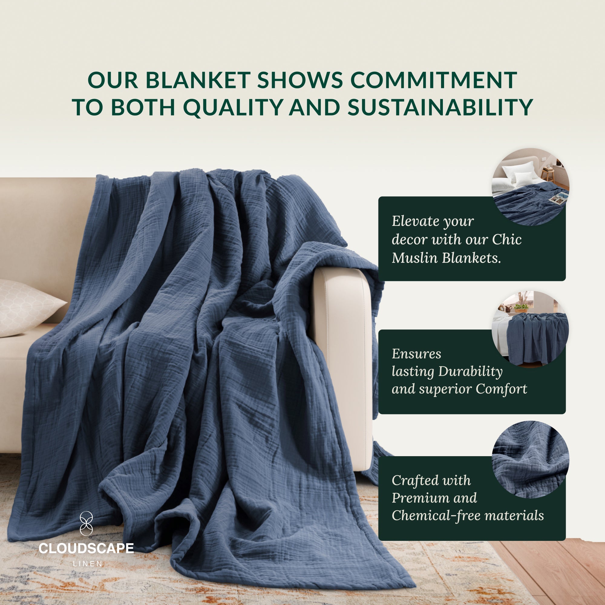4 Layer Cotton Muslin Blanket: Ensign Blue