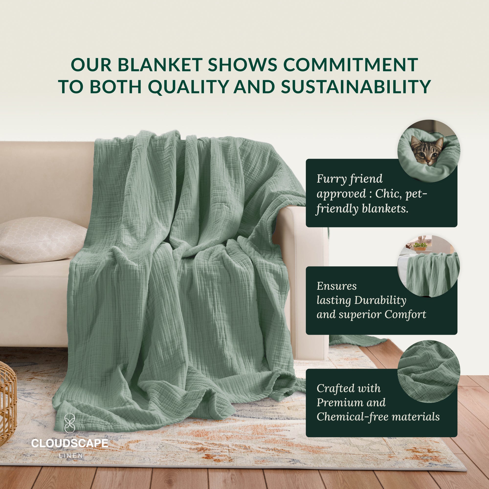 4 Layer Cotton Muslin Blanket - Olive Green