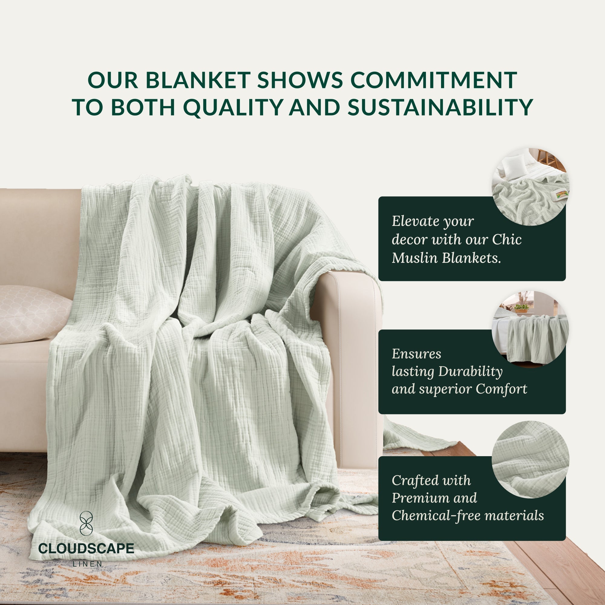 4 Layer Cotton Muslin Blanket - Sea Foam