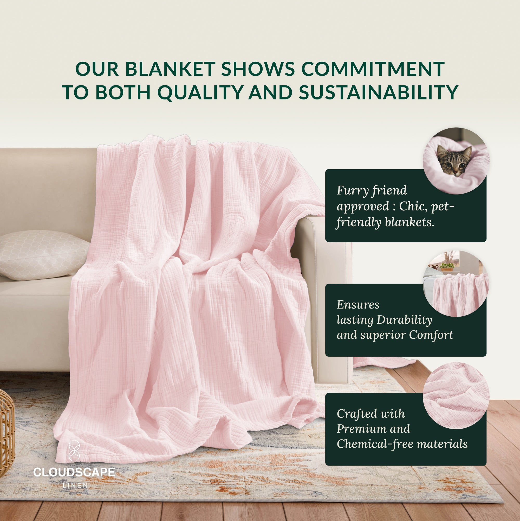 4 Layer Cotton Muslin Blanket : Seashell Pink