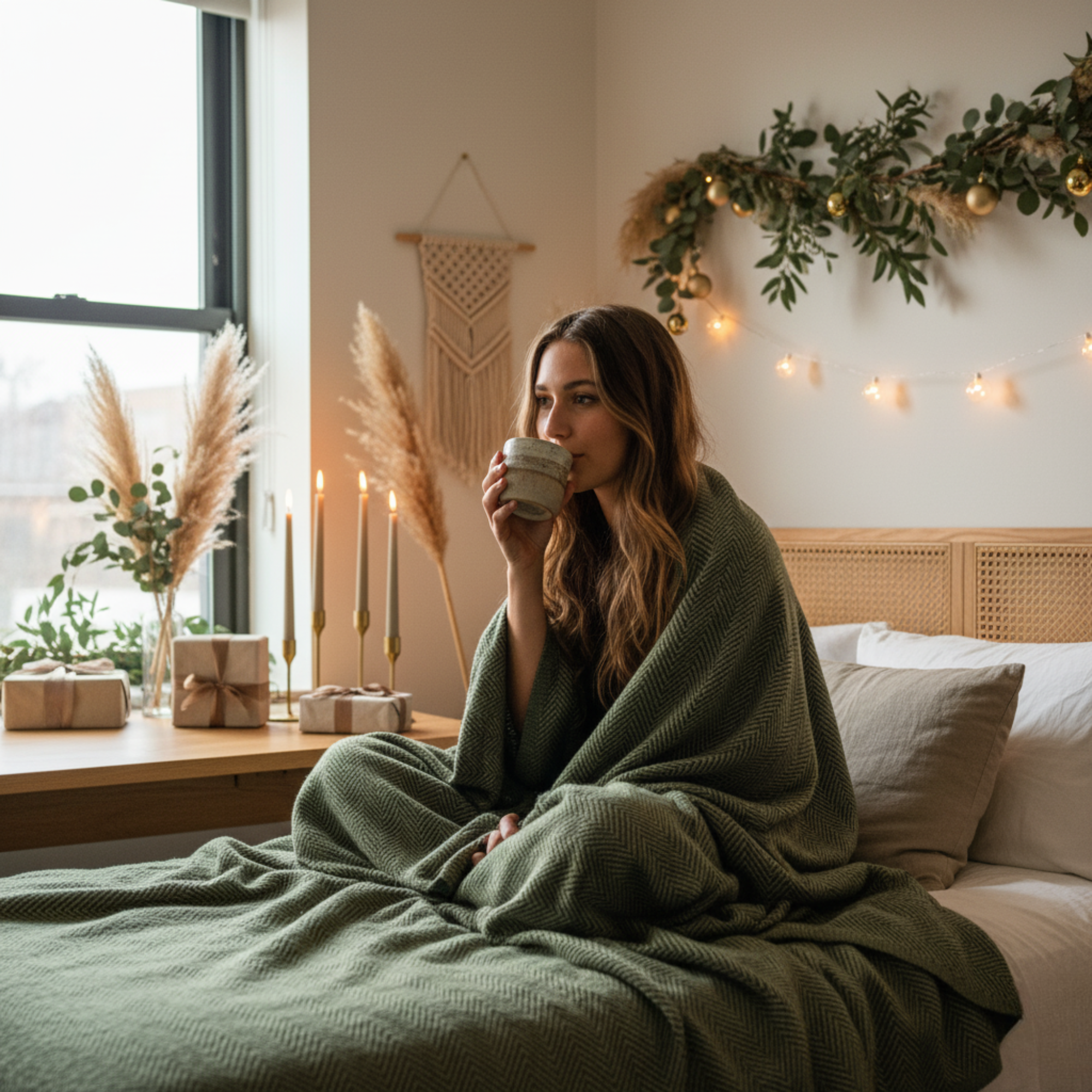 Cotton Herringbone Blanket: Olive Green