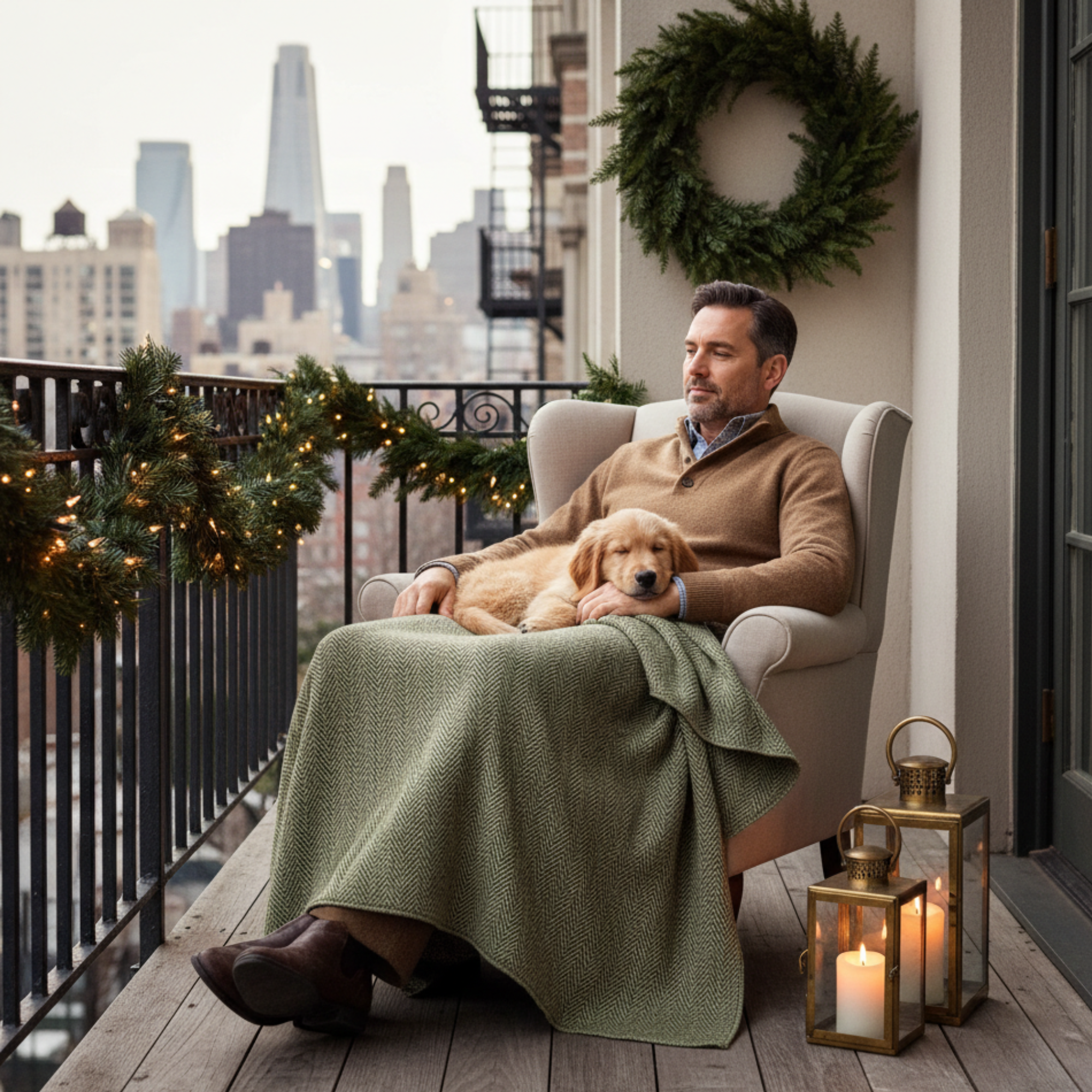 Cotton Herringbone Blanket: Olive Green