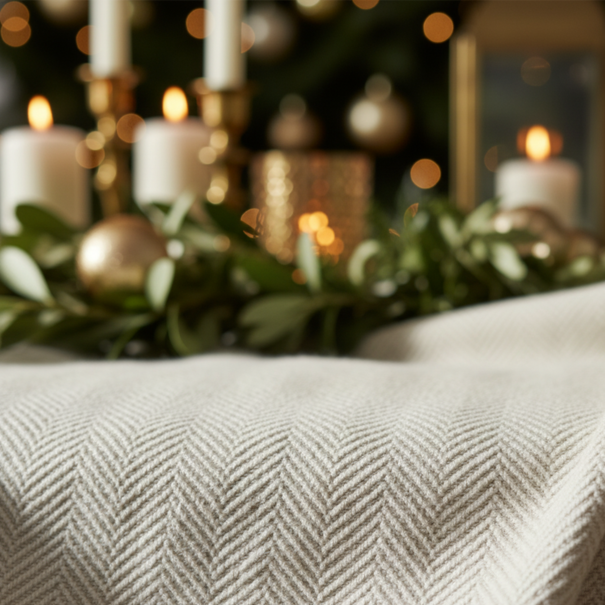 Cotton Herringbone Blanket: Ivory