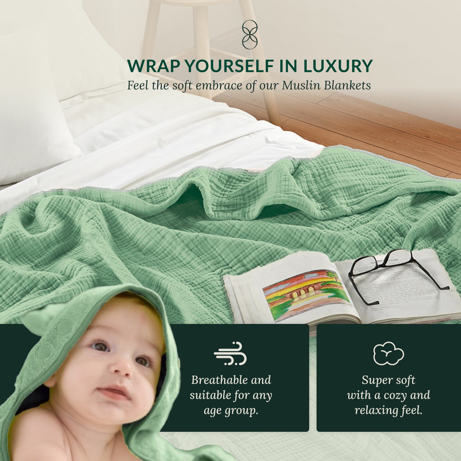 8 Layer Cotton Muslin Blanket - Olive Green