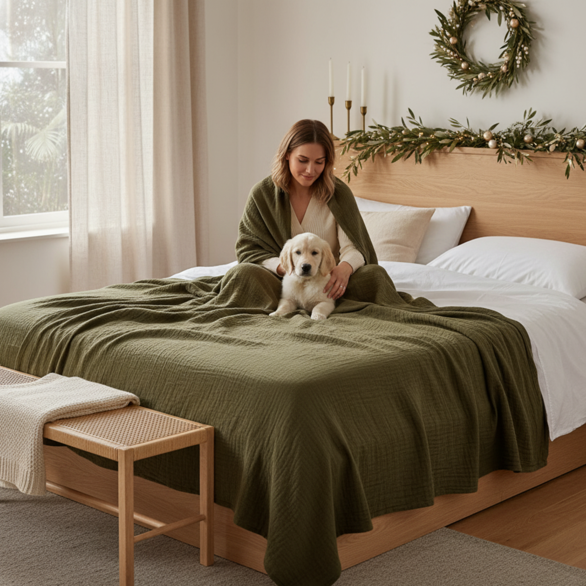 8 Layer Cotton Muslin Blanket - Olive Green