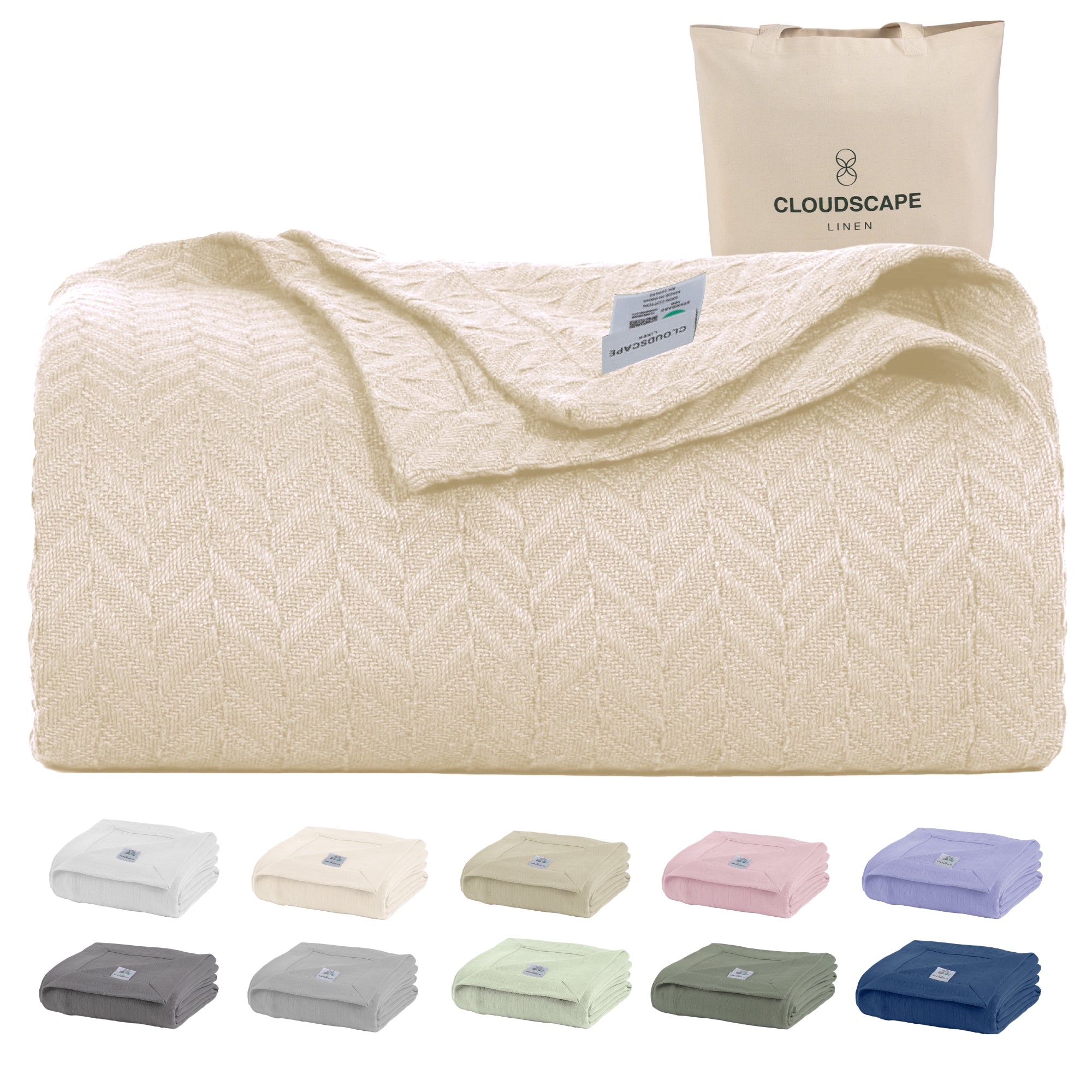 Cotton Herringbone Blanket: Ivory