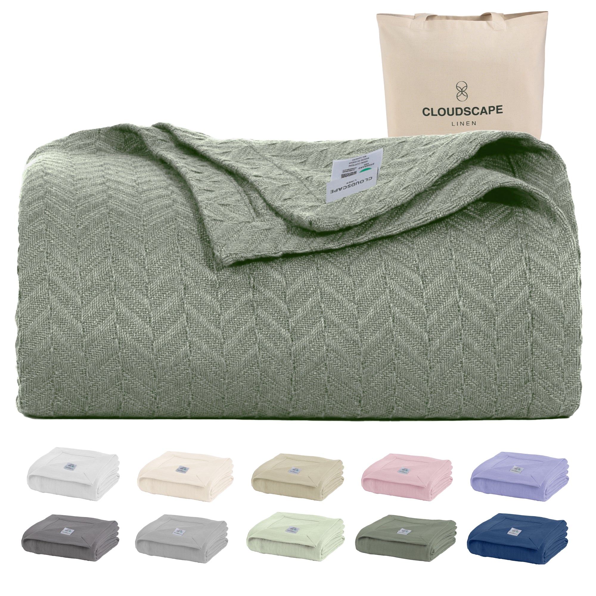 Cotton Herringbone Blanket: Olive Green