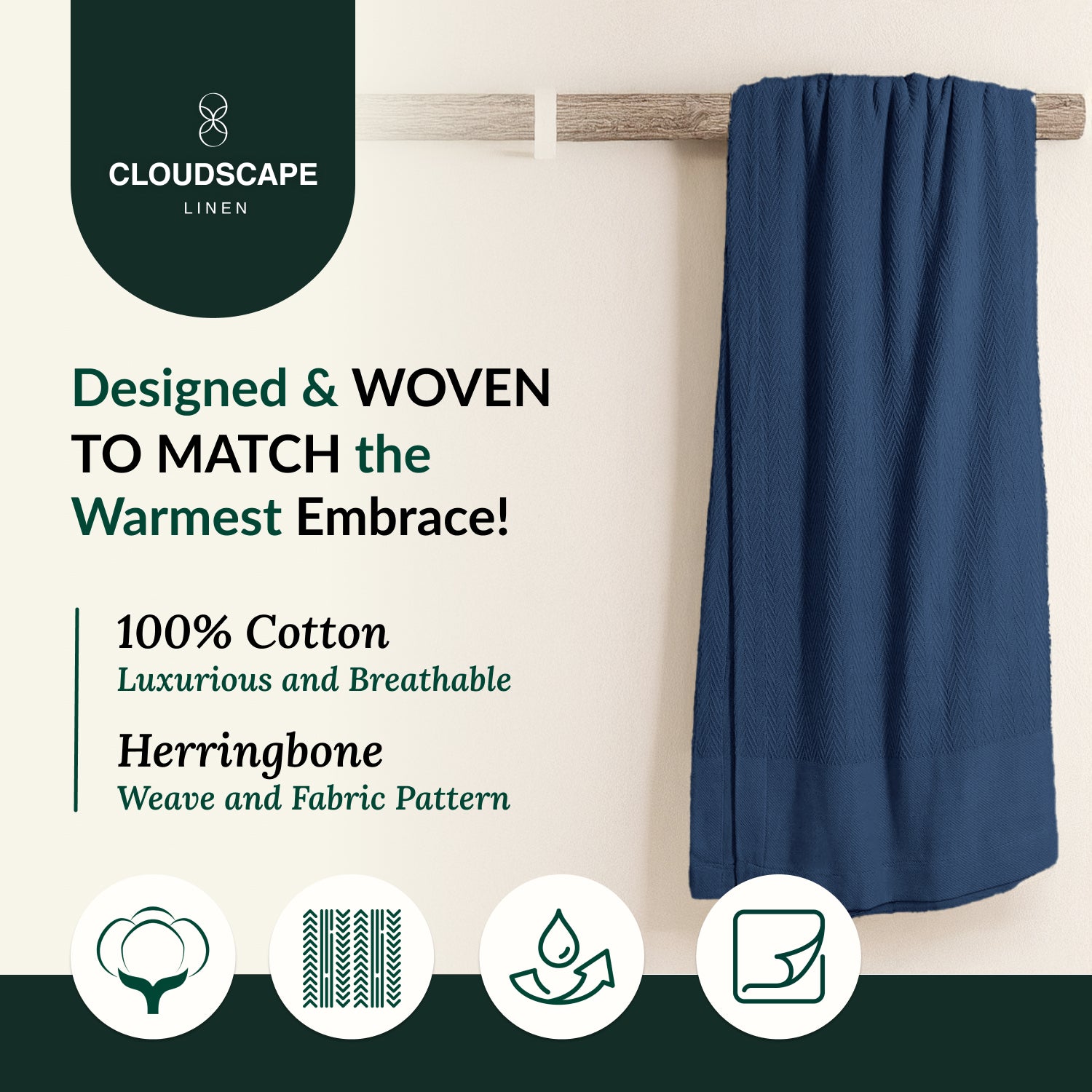 Cotton Herringbone Blanket - Ensign Blue