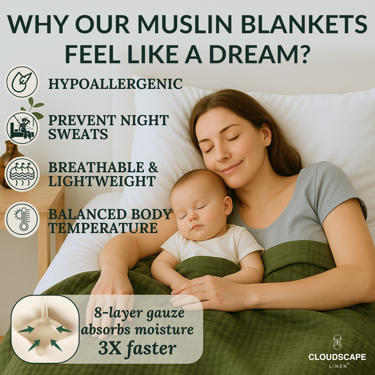 8 Layer Cotton Muslin Blanket - Olive Green
