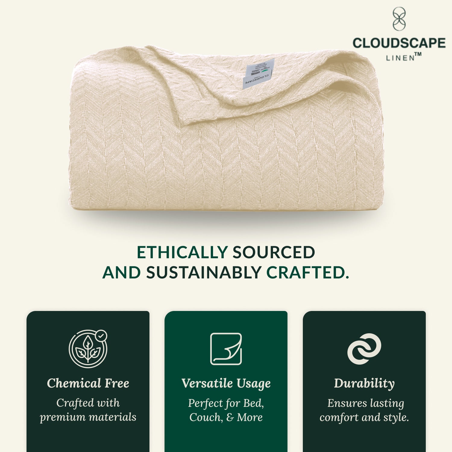 Cotton Herringbone Blanket: Ivory