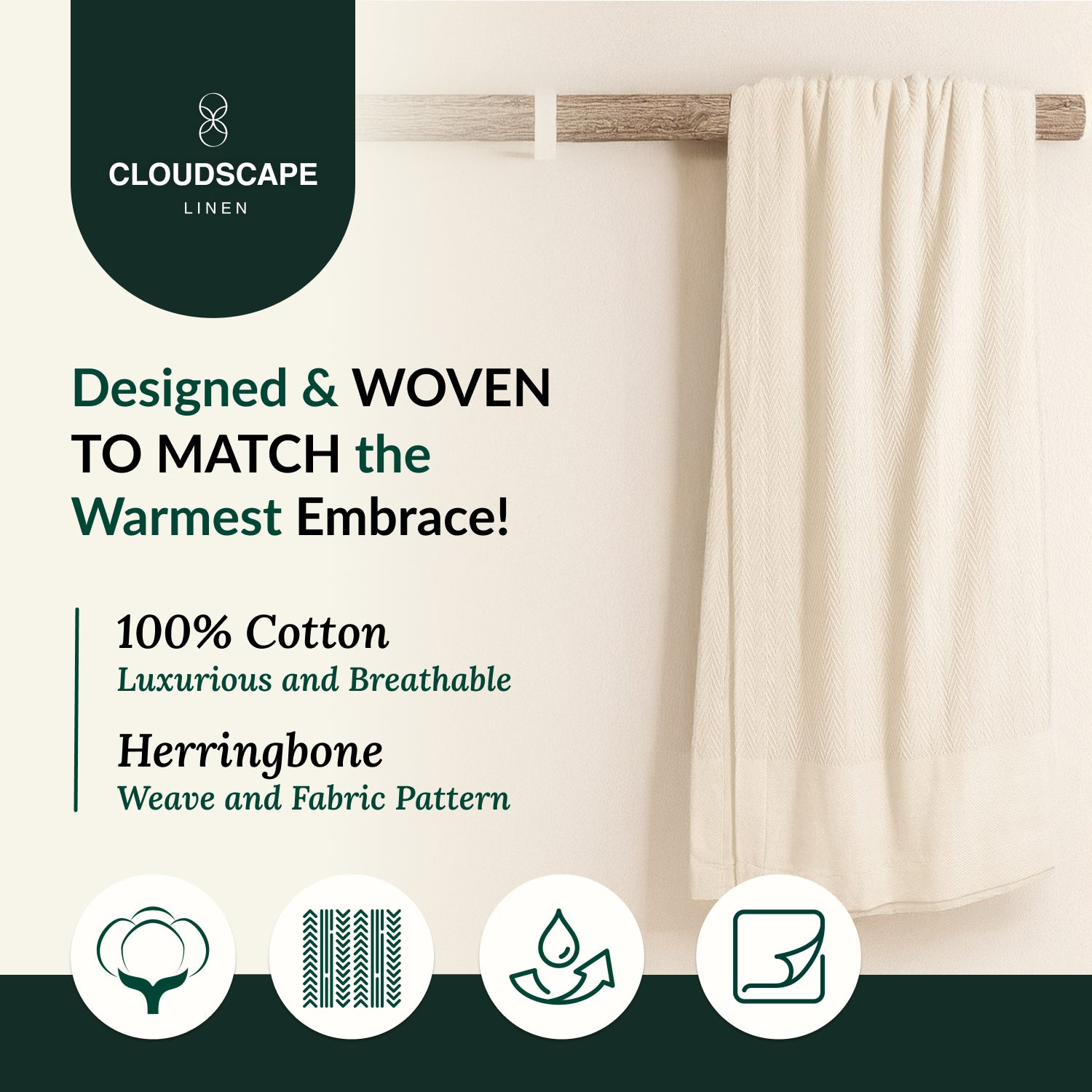 Cotton Herringbone Blanket - Ivory