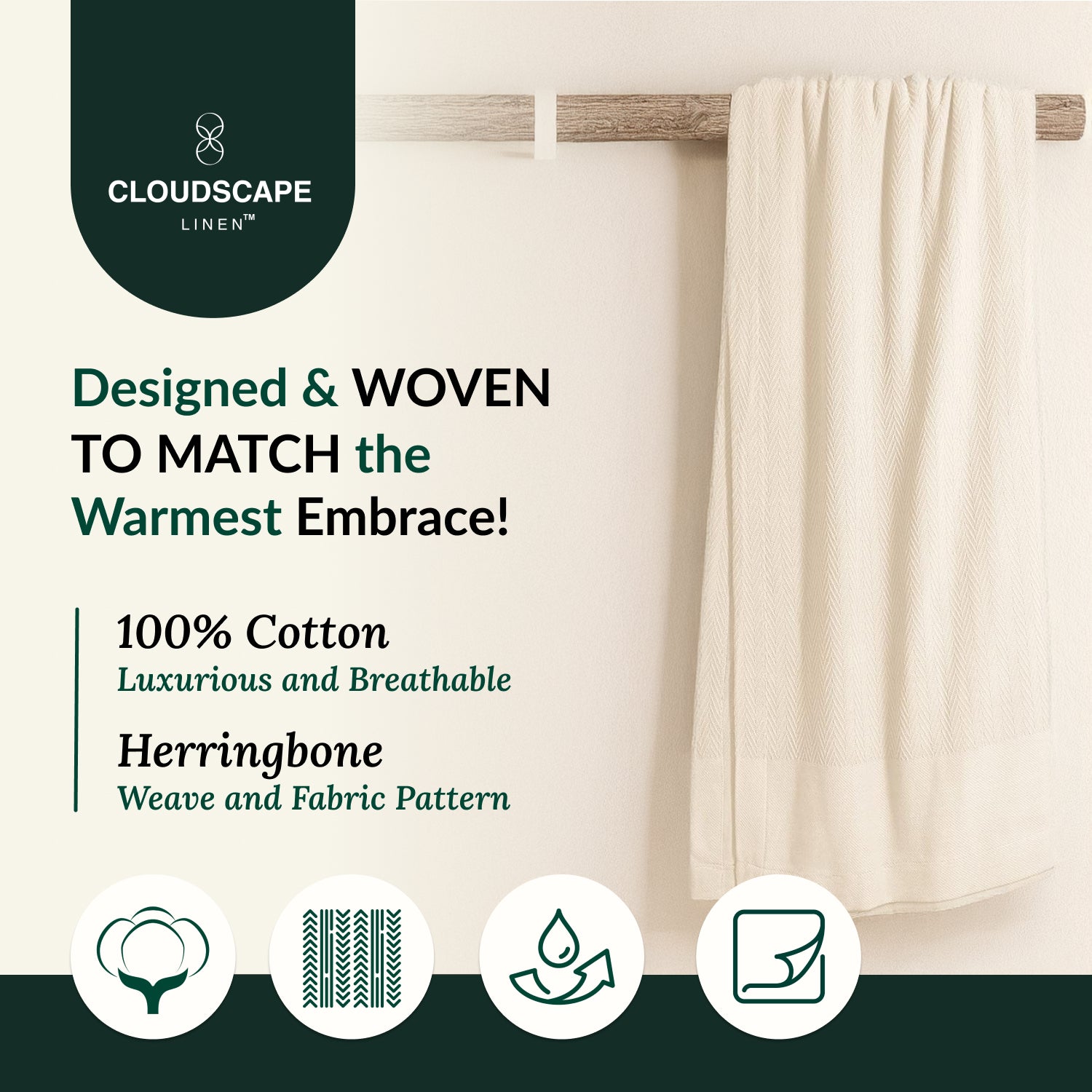 Cotton Herringbone Blanket: Ivory
