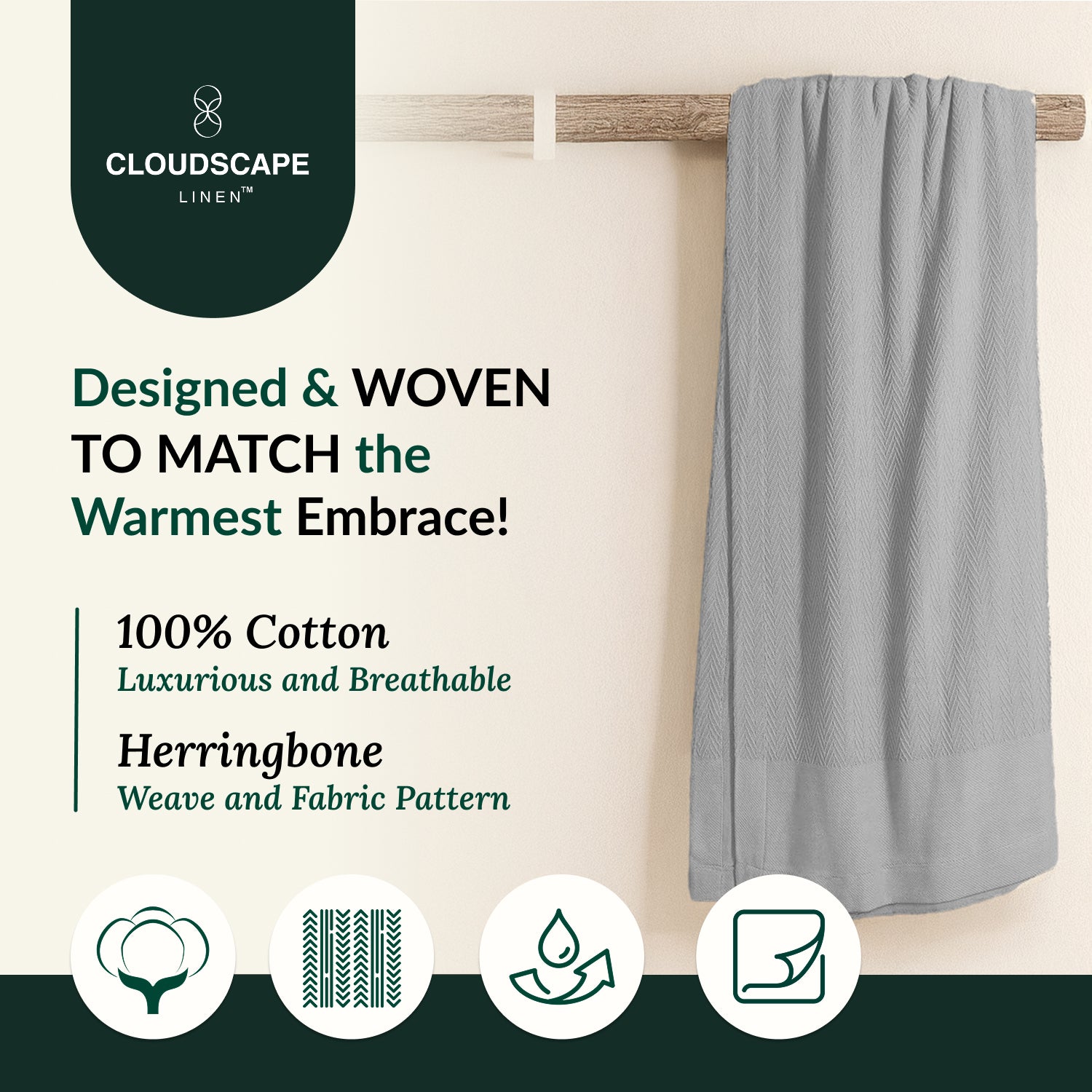 Cotton Herringbone Blanket: Light Grey