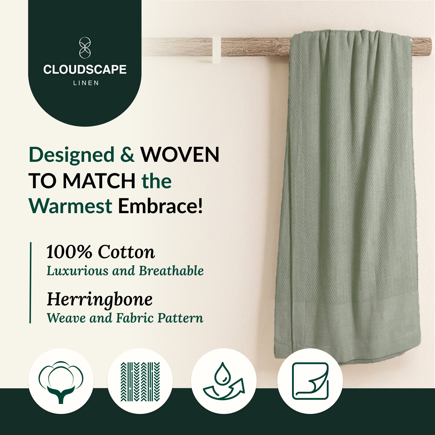 Cotton Herringbone Blanket - Olive Green