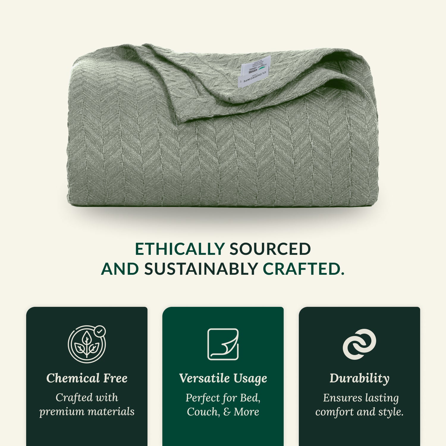 Cotton Herringbone Blanket - Olive Green