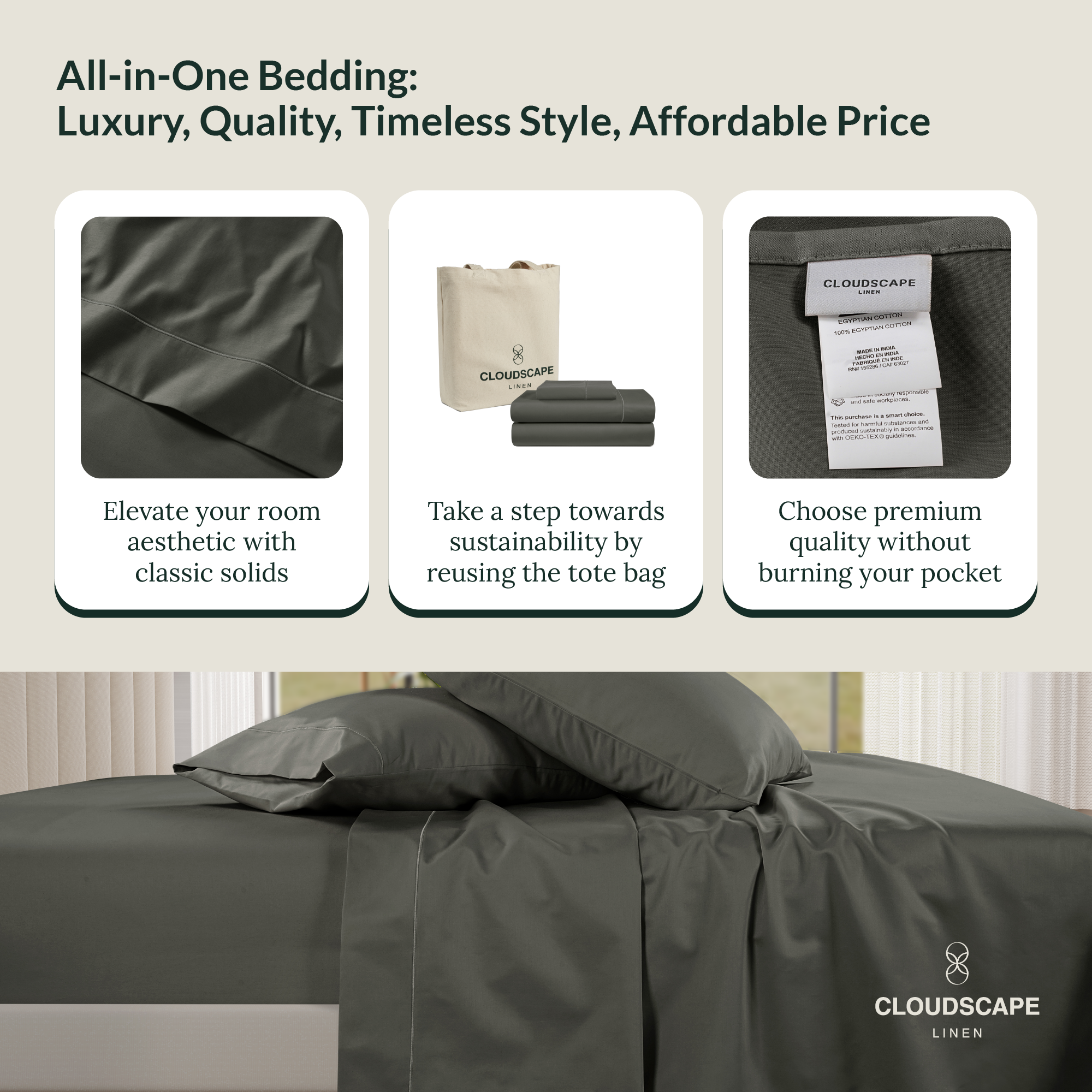 1000 Thread Count Egyptian Cotton : Charcoal Grey Bedsheet Set