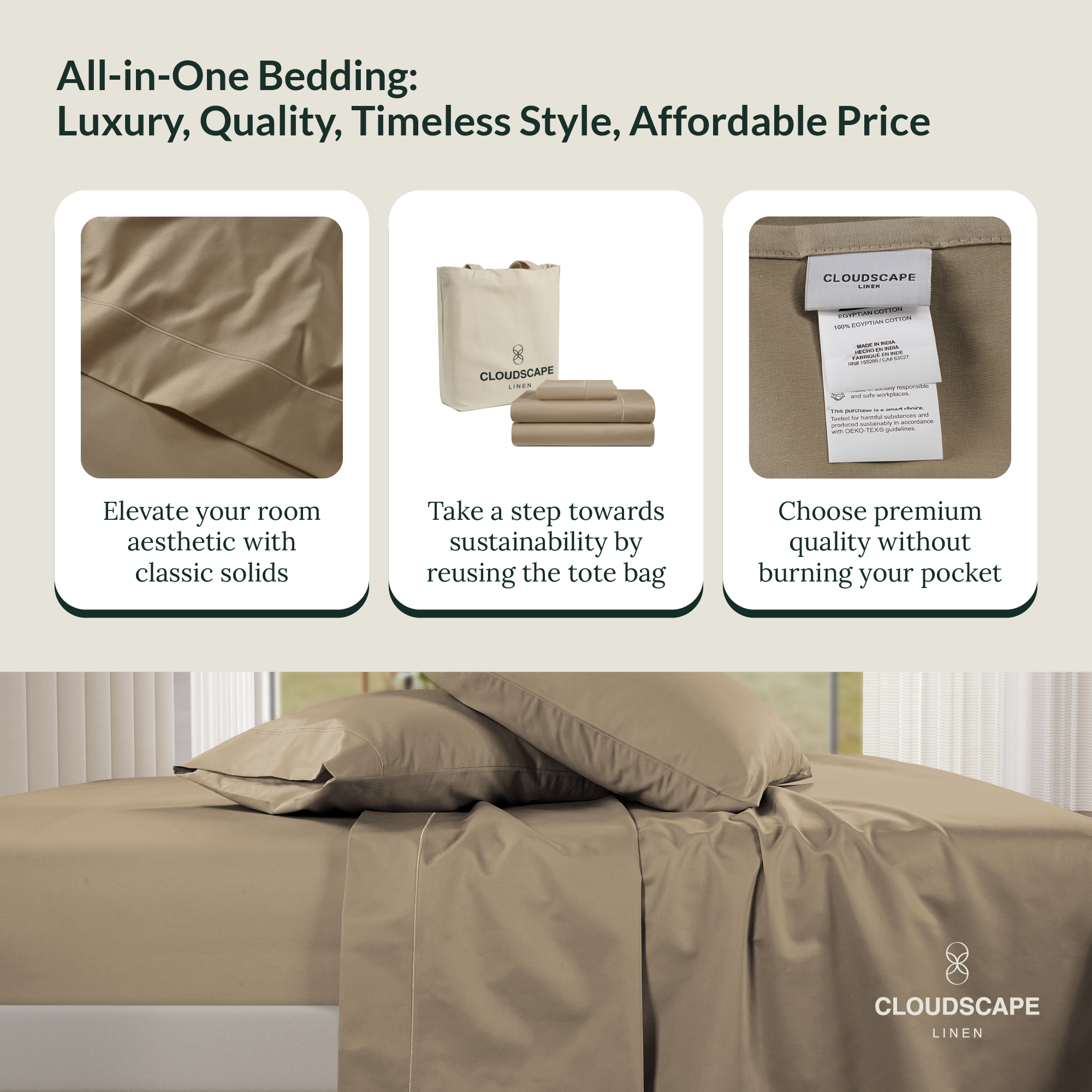 1000 Thread Count Egyptian Cotton : Taupe Bedsheet Set