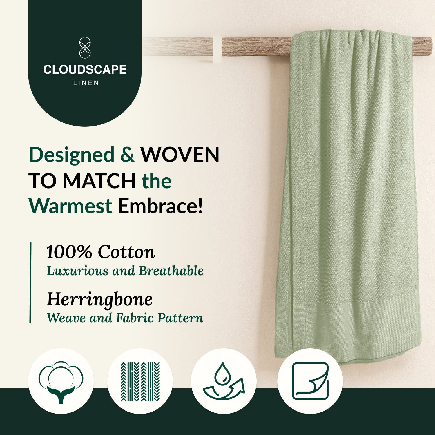 Cotton Herringbone Blanket - Sea Foam