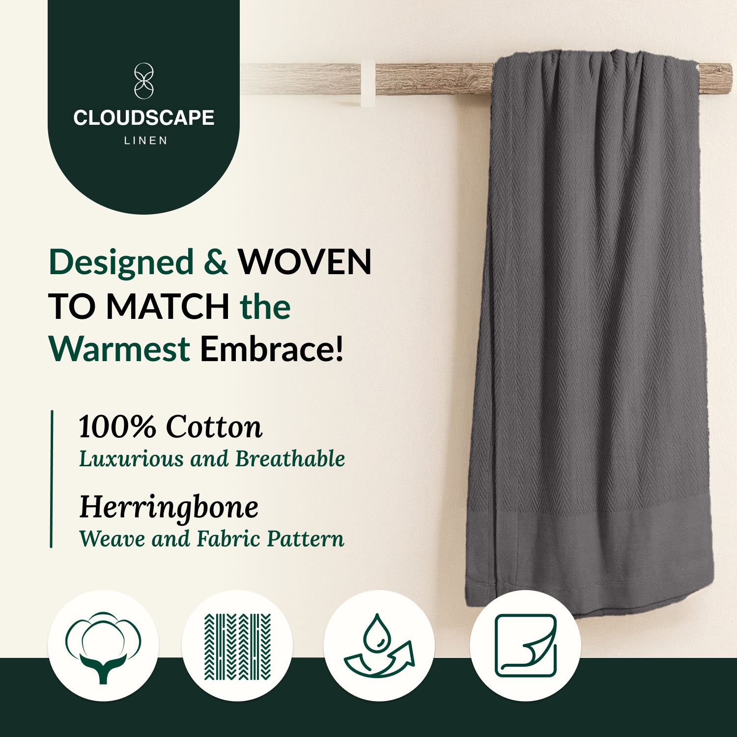 Cotton Herringbone Blanket - Dark Grey