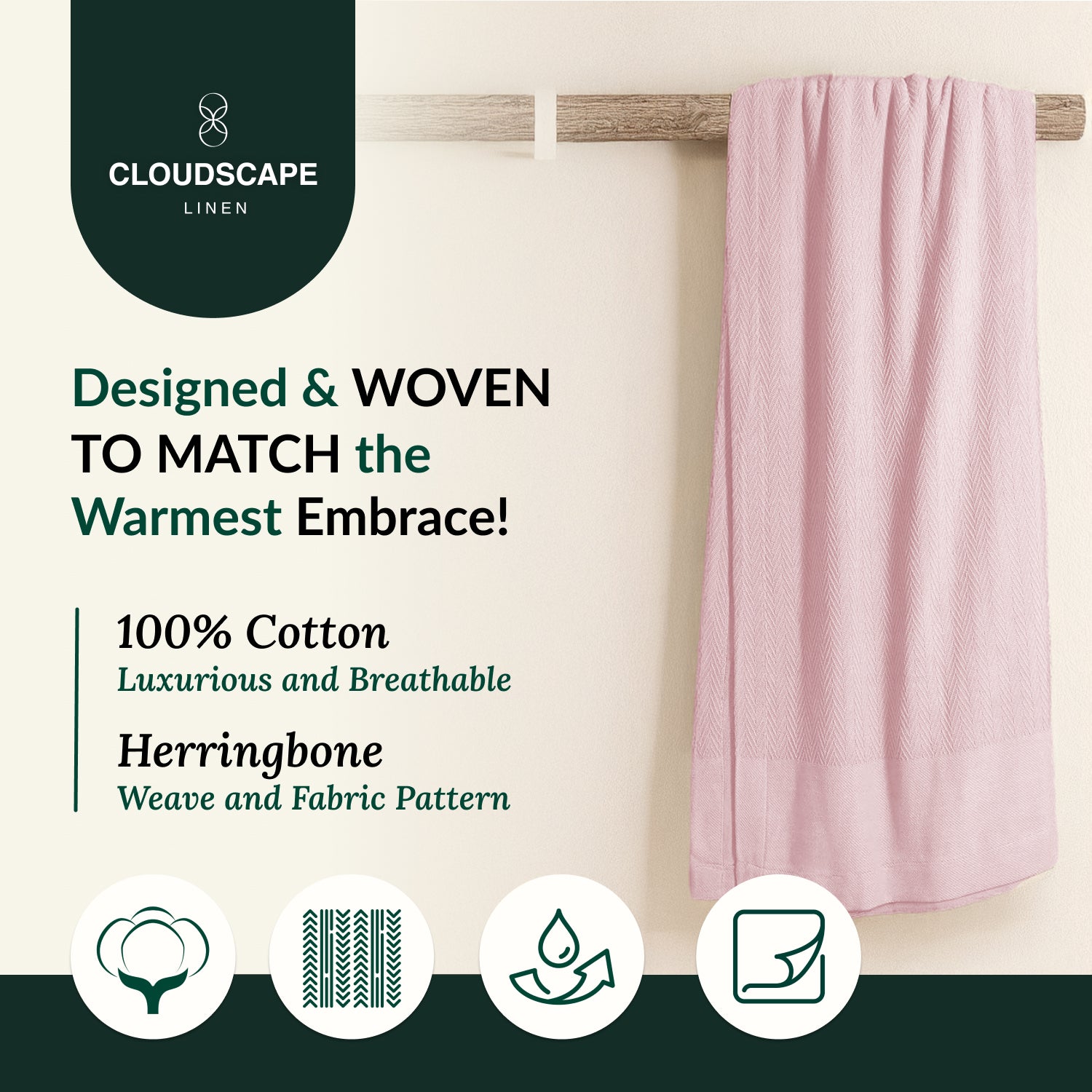 Cotton Herringbone Blanket - Sea Shell Pink