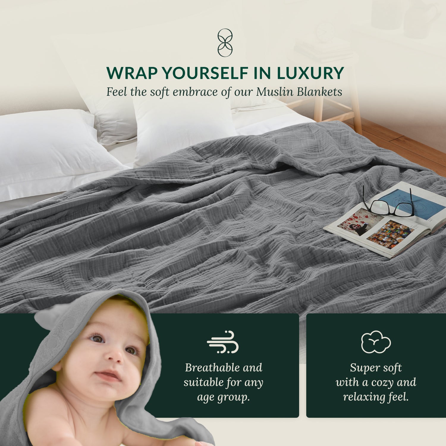 8 Layer Cotton Muslin Blanket - Dark Grey