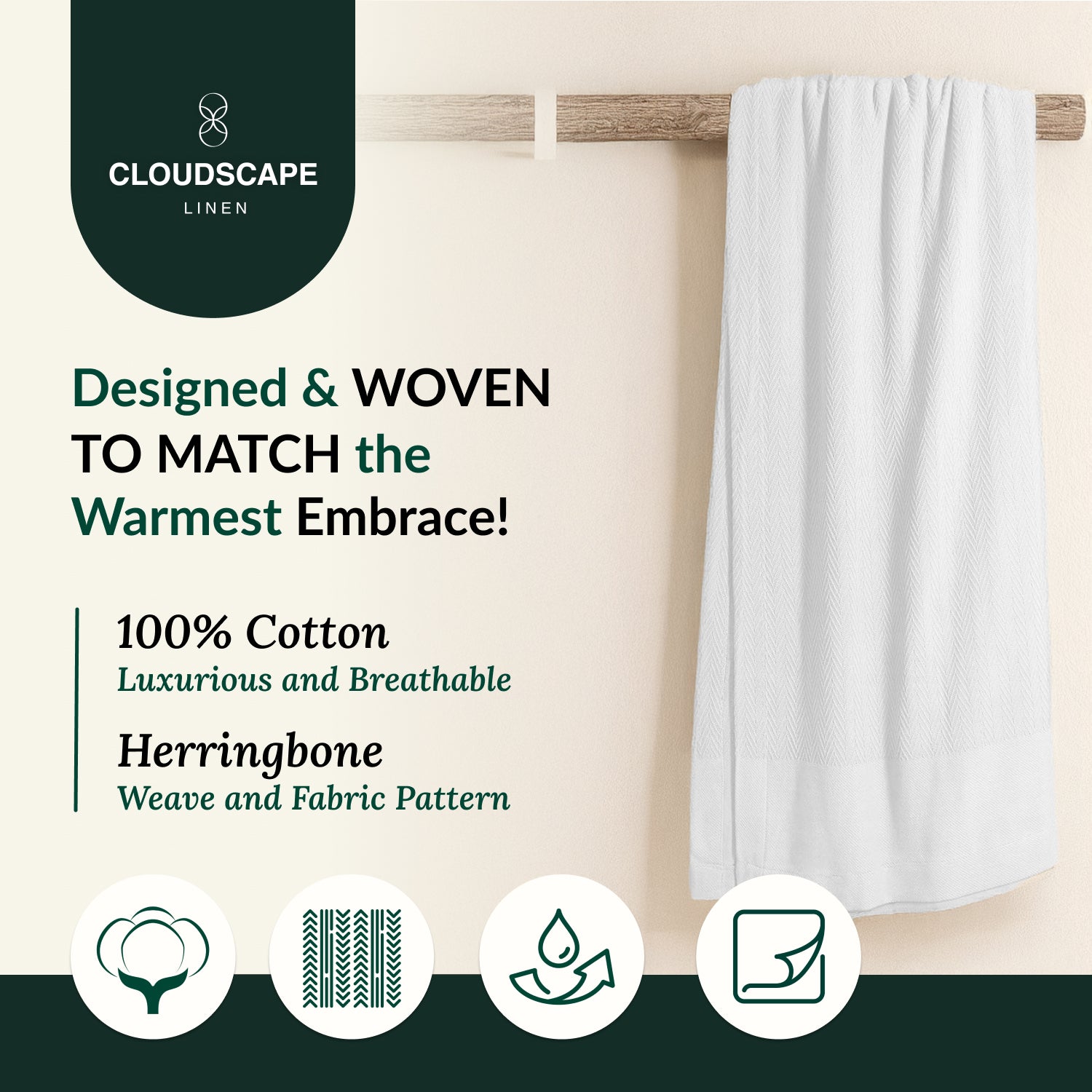 Cotton Herringbone Blanket - White