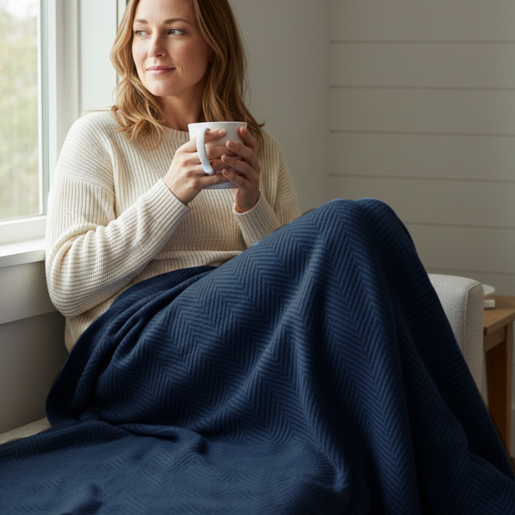 Cotton Herringbone Blanket: Ensign Blue