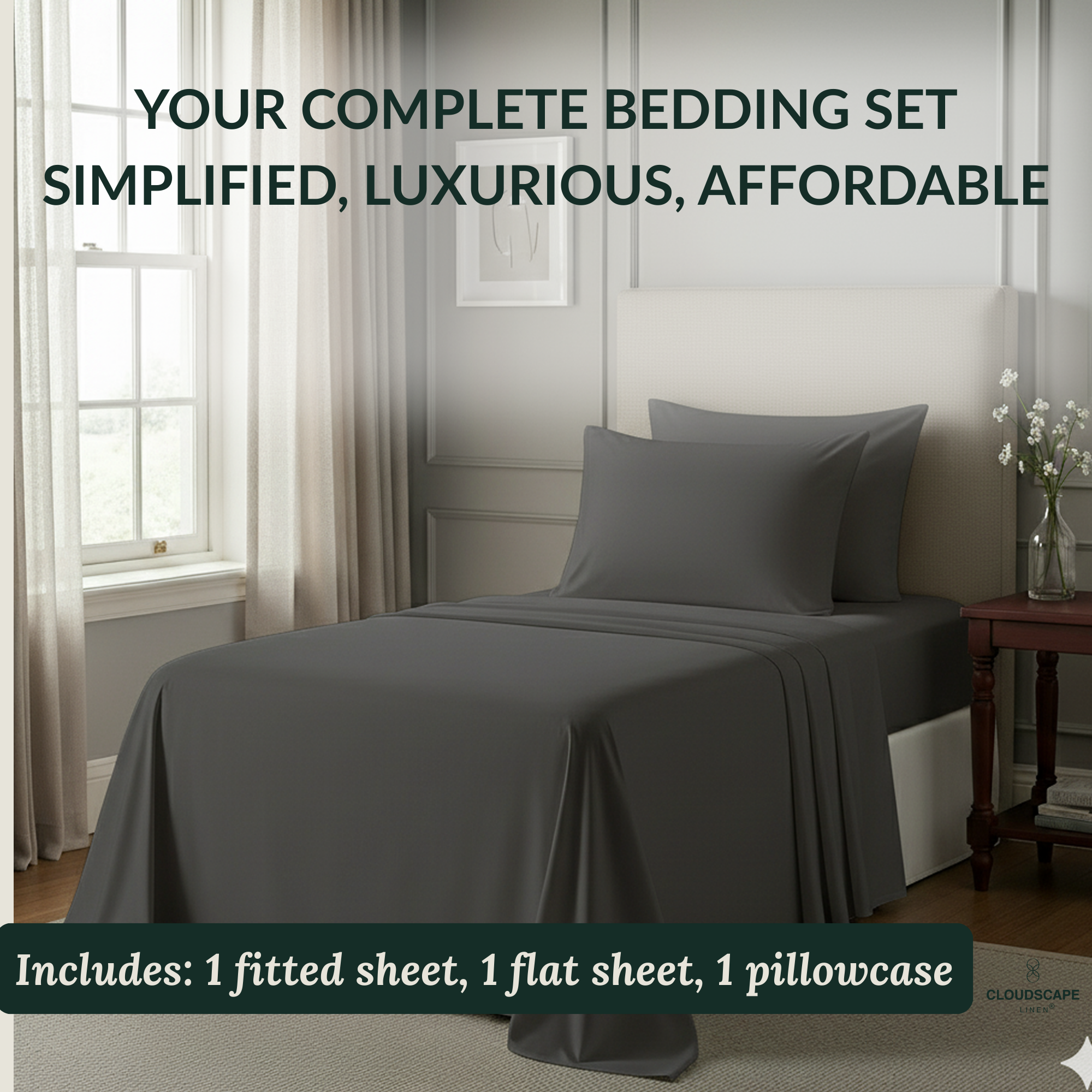 400 Thread Count Egyptian Cotton : Charcoal Grey Bedsheet Set