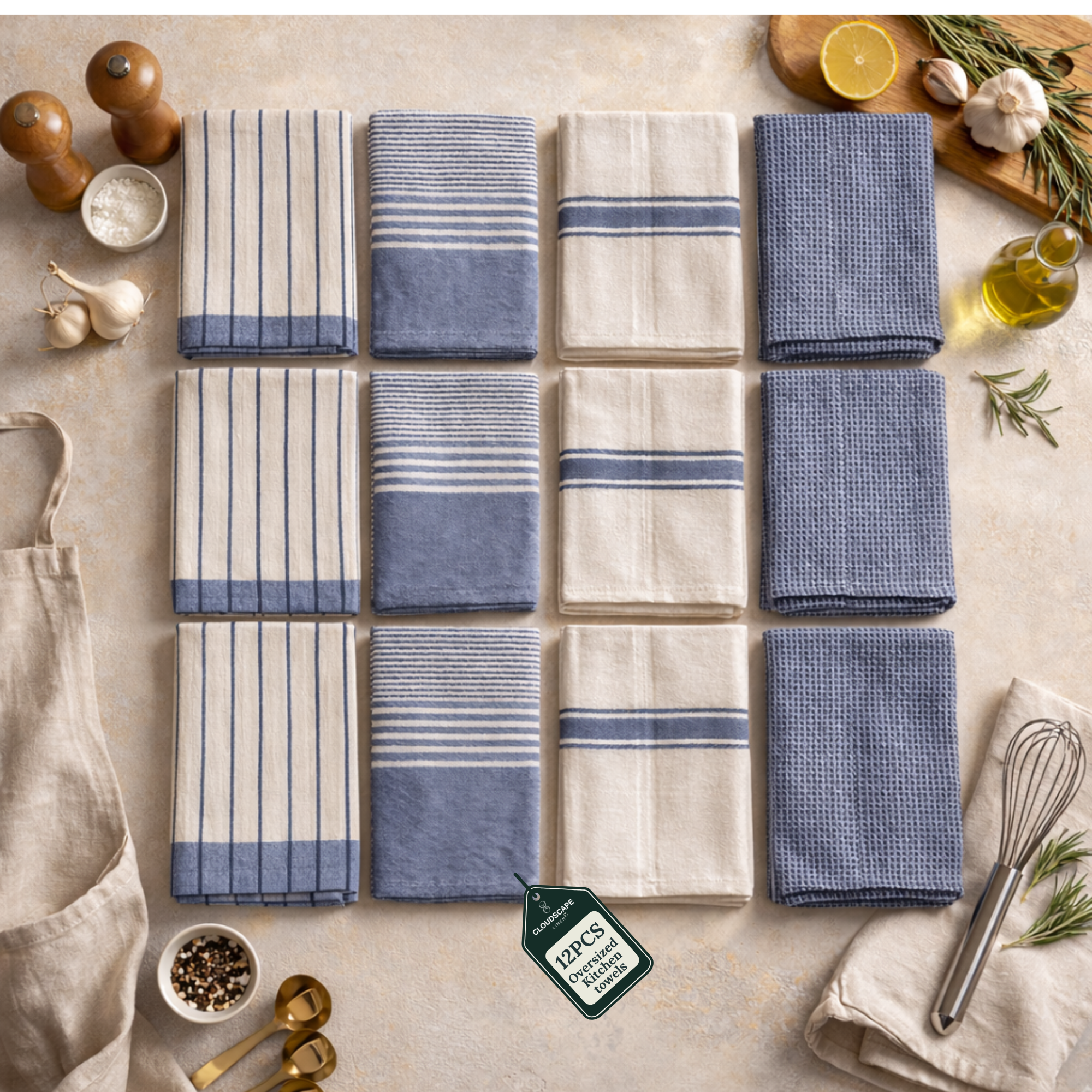 12-Piece Oversized Kitchen Towels: Indigo