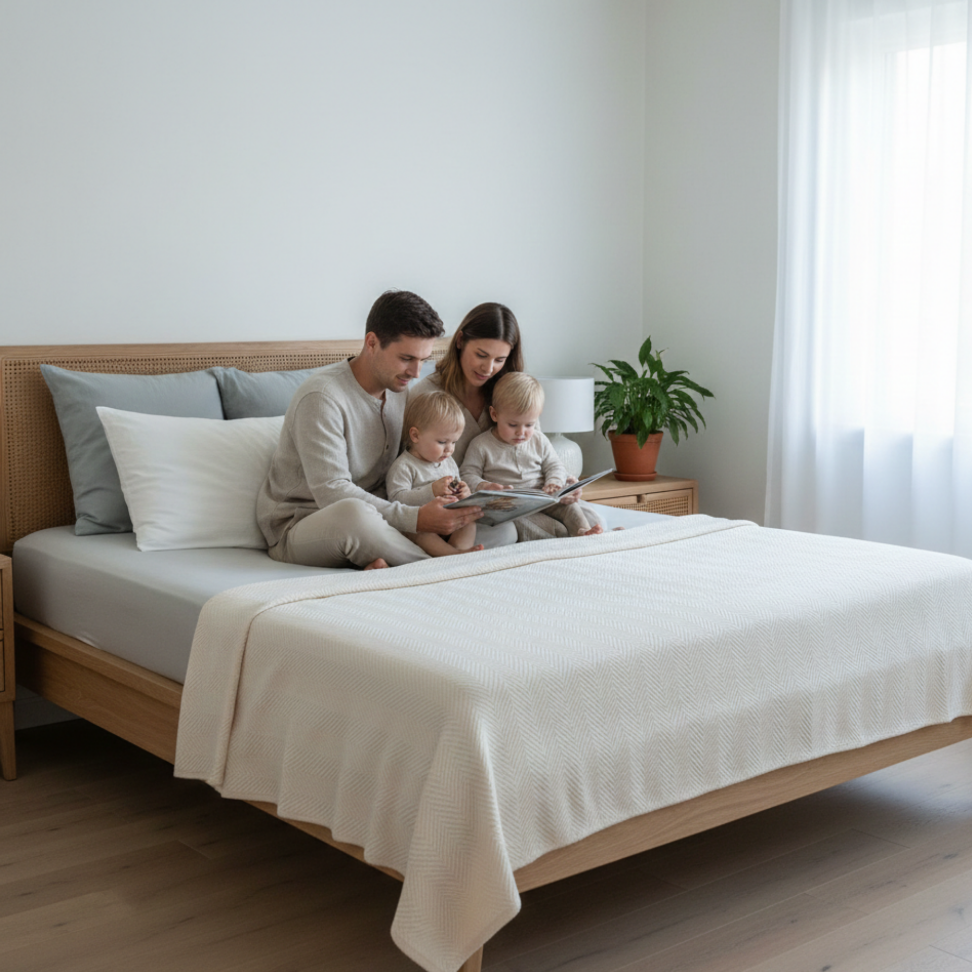 Cotton Herringbone Blanket: Ivory