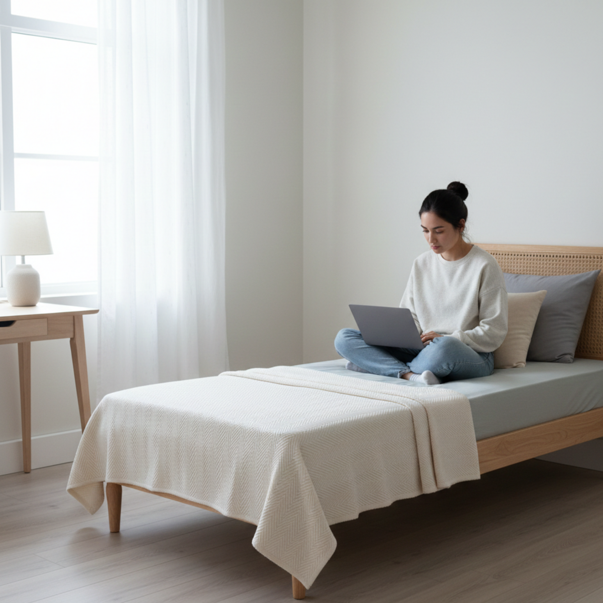 Cotton Herringbone Blanket: Ivory