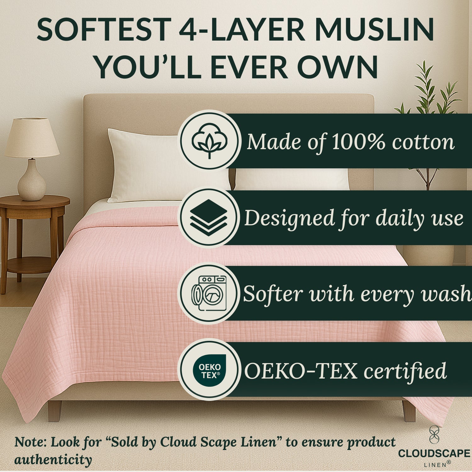 4 Layer Cotton Muslin Blanket : Seashell Pink