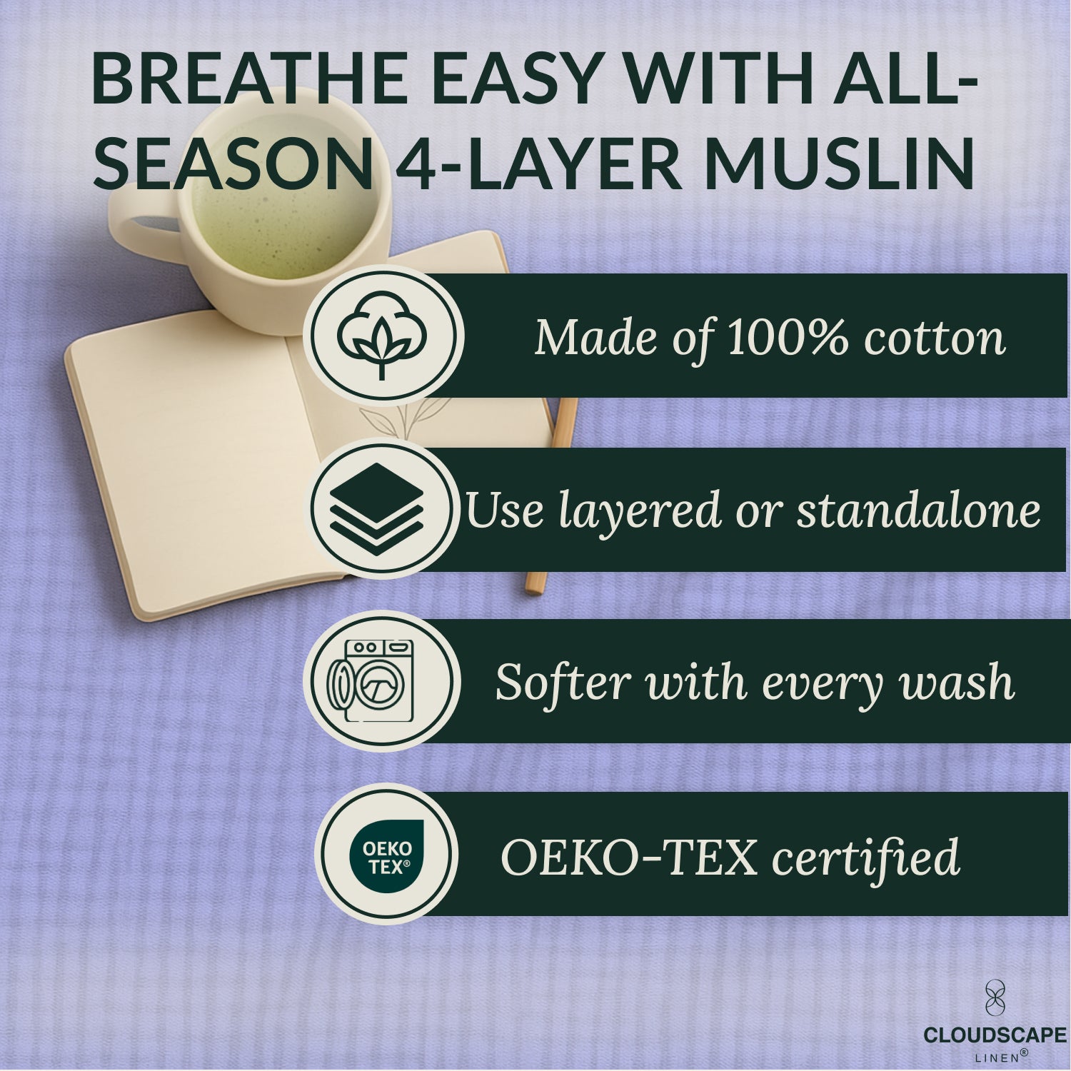 4 Layer Cotton Muslin Blanket: Lavender Blue