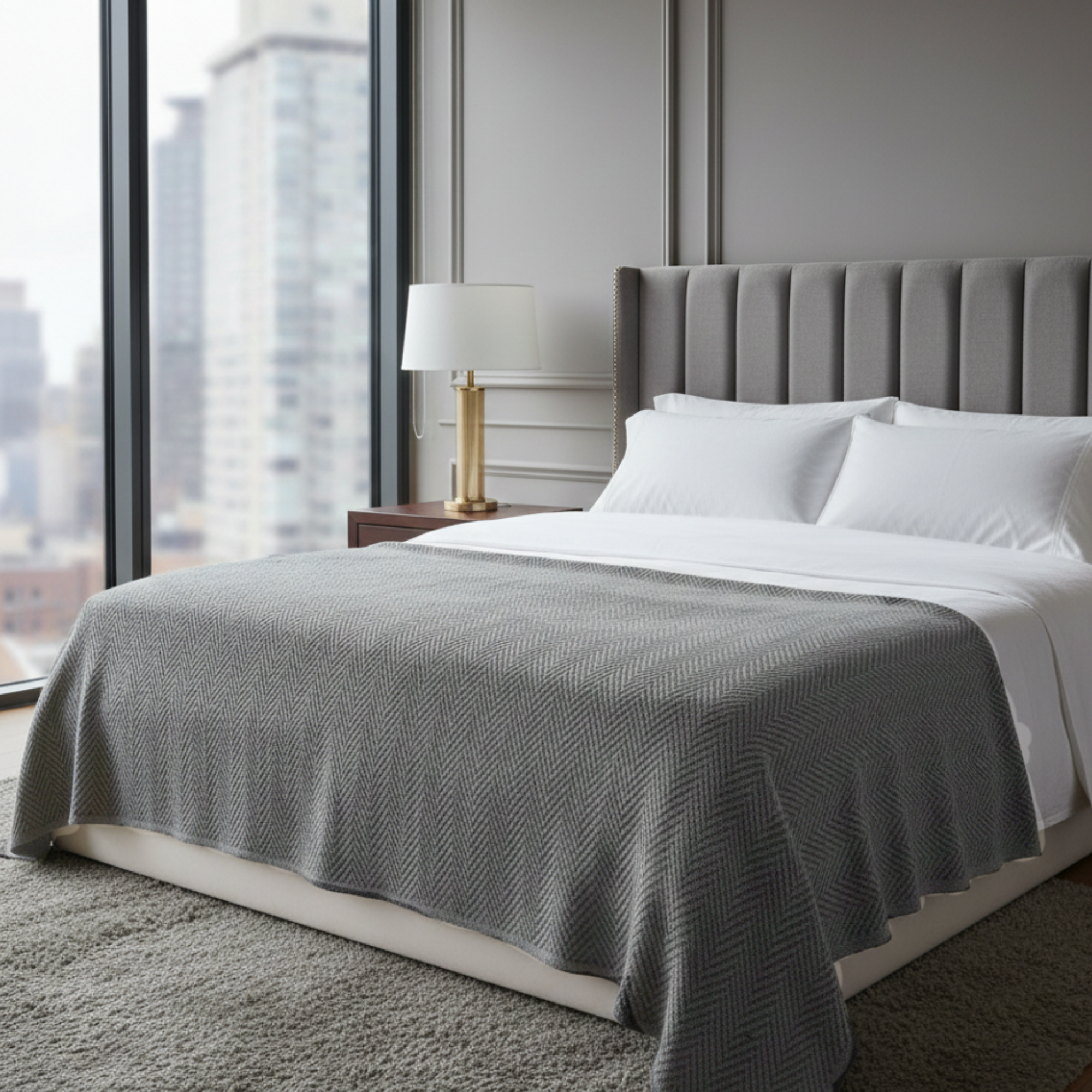 Cotton Herringbone Blanket: Light Grey