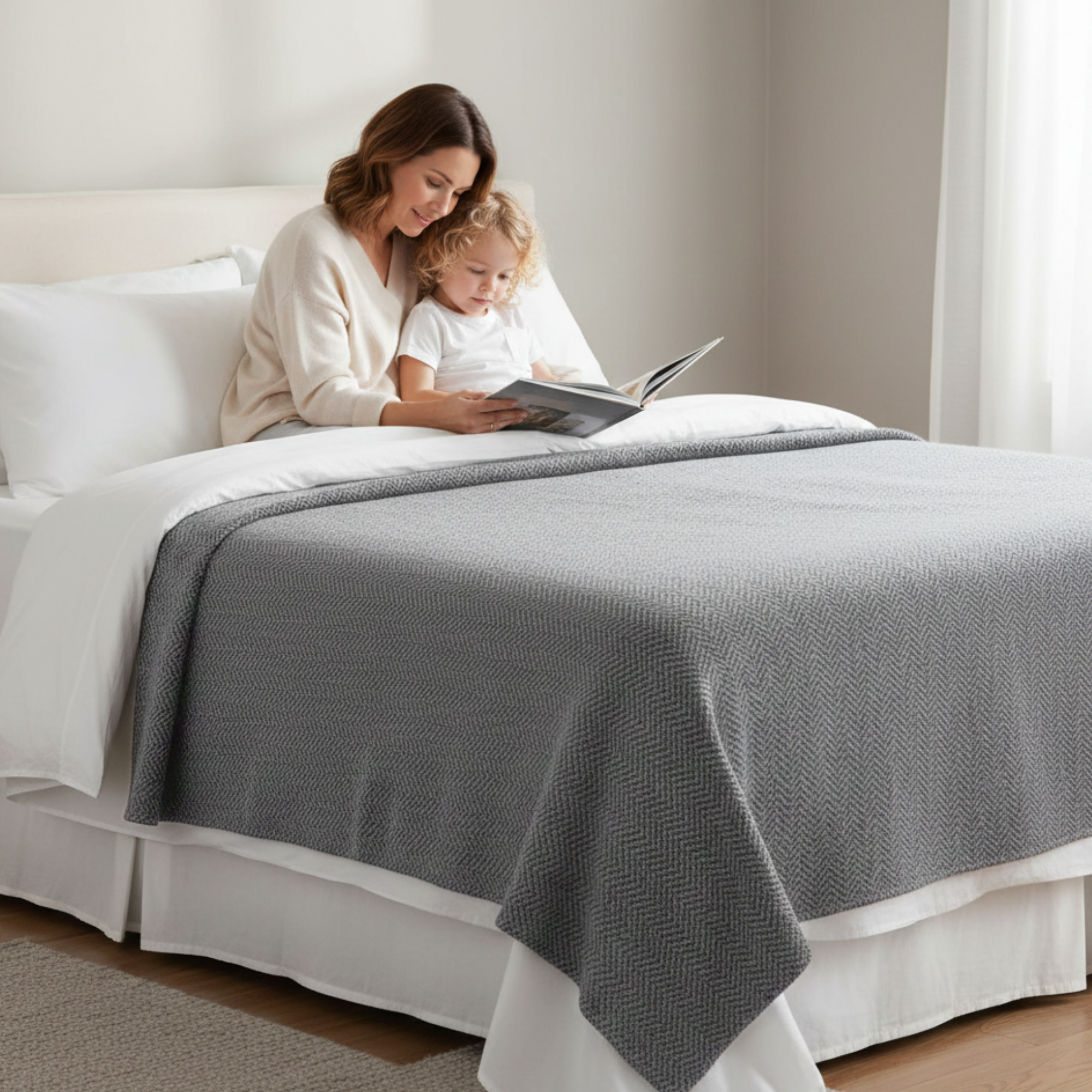 Cotton Herringbone Blanket: Light Grey