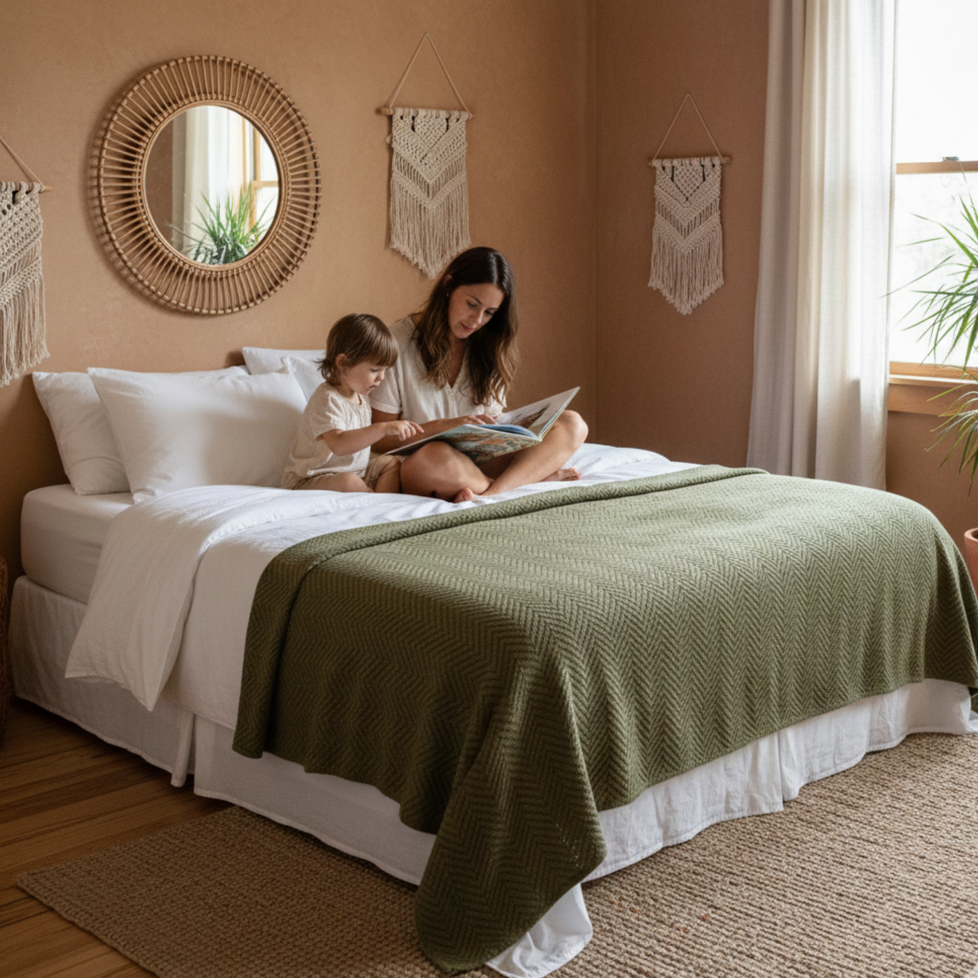 Cotton Herringbone Blanket: Olive Green