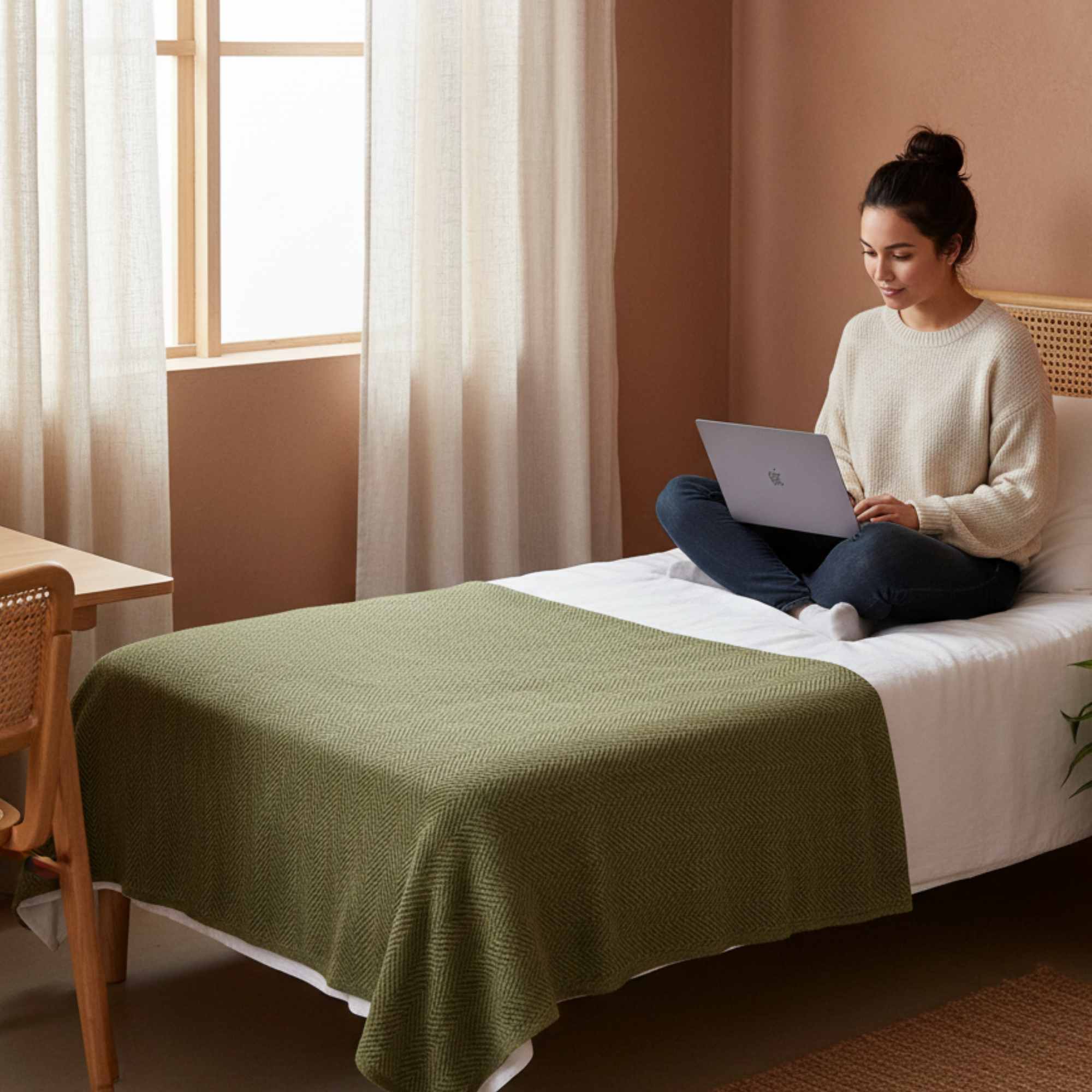 Cotton Herringbone Blanket: Olive Green