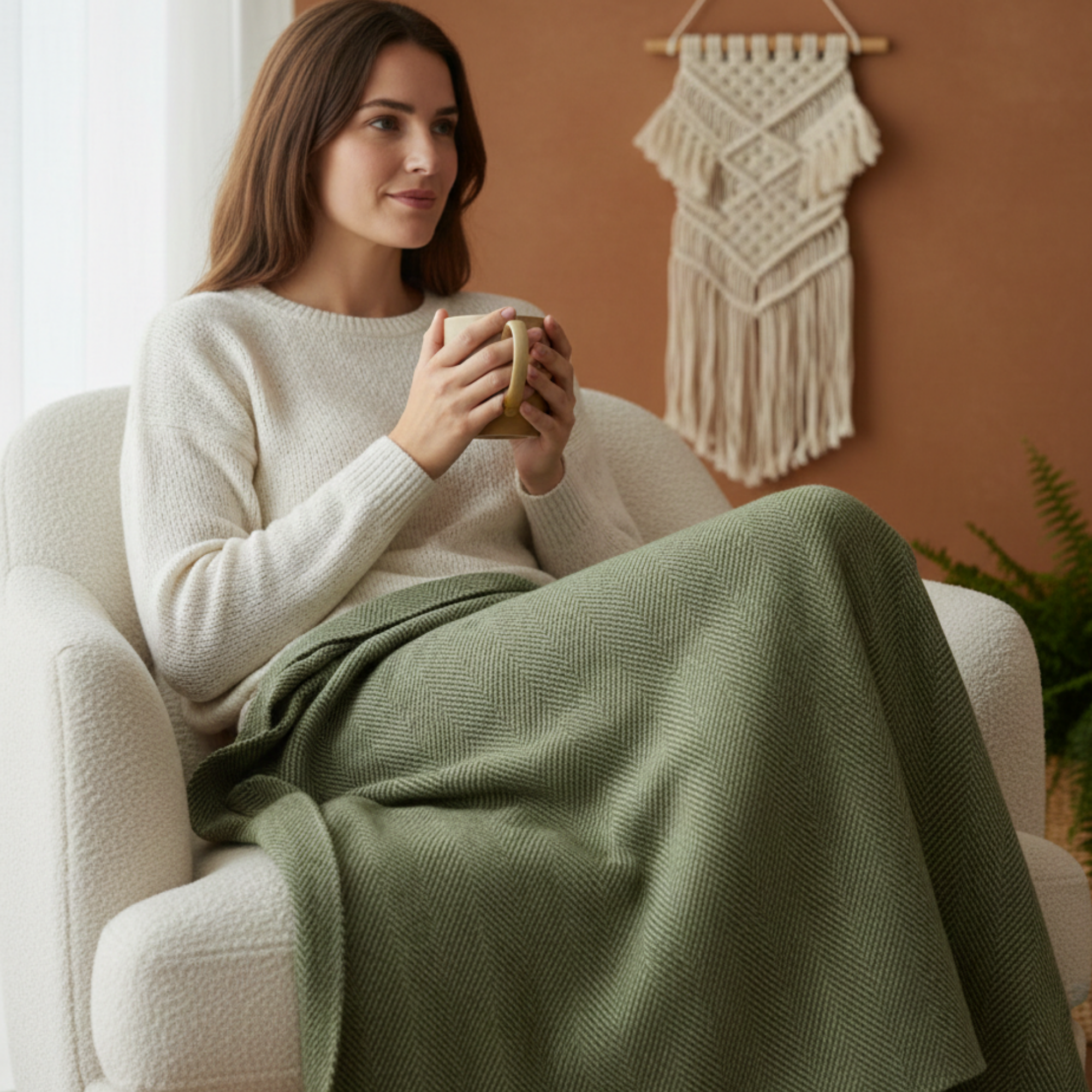 Cotton Herringbone Blanket: Olive Green